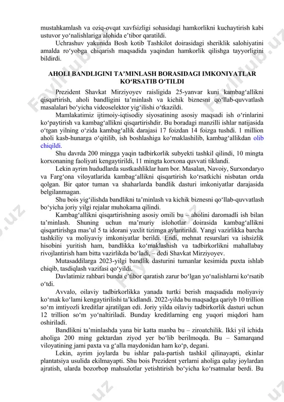 tli raisligi bilan tabrikladi. savdo, iqtisodiyot, qishloq xoʻjaligi, energetika, turizm va boshqa yoʻnalishlarda ilgari surilgan muhim tashabbuslar va oʻtkazilgan tadbirlar iht doirasidagi amaliy hamkorlikka kuchli surʼat bagʻishlagani taʼkidlandi. keyingi yillarda oʻzbekistonning tashkilotga aʼzo mamlakatlar bilan tovar ayirboshlashi 70 foizga oʻsgani, qoʻshma korxona va loyihalar soni esa 5 barobarga koʻpaygani mamnuniyat bilan qayd etildi. tashkilotning navbatdagi sammitini joriy yil noyabr oyida toshkent shahrida oʻtkazishga har tomonlama tayyorgarlik koʻrilmoqda. boʻlajak tadbir kun tartibini puxta tayyorlash muhimligi alohida taʼkidlandi. uchrashuv yakunida bosh kotib xusrav noziriy tashkilot kotibiyati iht doirasidagi koʻp qirrali hamkorlikni kengaytirish borasida yaqindan birgalikda ishlashga tayyorligini bildirdi. davlatimiz rahbarining turkiy davlatlar tashkiloti bosh kotibi kubanichbek omuraliyev bilan uchrashuvida oʻzbekistonning turkiy davlatlar tashkilotiga raisligi doirasidagi ustuvor vazifalar ijrosining borishi koʻrib chiqildi. bosh kotib tashkilot rivojida yangi davrni boshlab bergan tarixiy samarqand sammiti natijalarini yuksak baholadi. savdoni va bojxona tartibotlarini soddalashtirish, investitsiya fondini tashkil etish boʻyicha bitimlar imzolandi. samarqand “turkiy sivilizatsiya poytaxti”, deb …