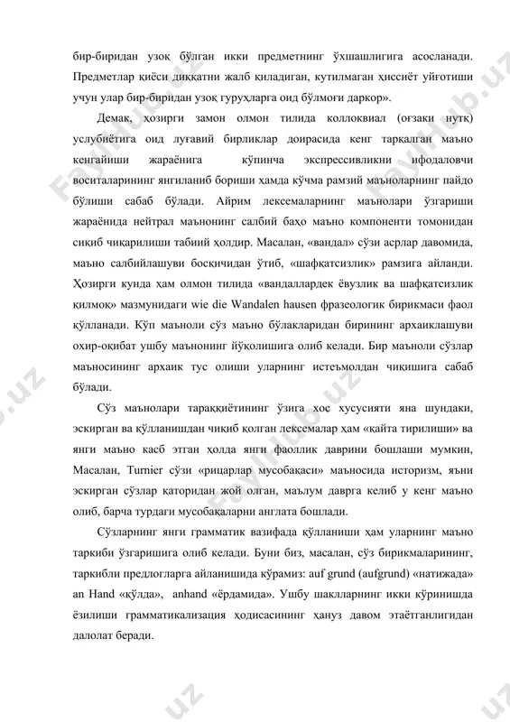 длоглар сони анчагина: infolge «сабабли, натижада», unterwegs «ҳамроҳликда» ва бошқалар. маъно ўзгариши ҳодисасининг батафсил тадқиқи номинатив бирликлар маъно хусусиятларига таъсир ўтказувчи факторларнинг айрим пайтларда кутилмаган тарзда ўзаро боғланишини намоён қилади. маъно ўзлаштиришнинг маъно заифлашиши, кучлантирилиши, кенгайиши, образлиликнинг кучайиши каби ҳодисалар билан муносабати асосида юзага келадиган семантик ўзгаришларнинг турлари кенг тарқалган. бинобарин, «машинанинг орқа чироғи» маъносидаги schluβlicht қўшма сўзининг образли кўчма маънога эга бўлиши («орқада қолган одам») натижасида das schluβlicht machen «қаторнинг охирида, «думи»да юрмоқ» фразеологизми пайдо бўлади. иккиламчи номинатив (номловчи) бирламчи ҳисобланган ушбу фразеологизм лисоний ифода воситаларининг янгиланиш жараёнини акс эттиради. чунки унинг маъноси муқобил мослама маъносига нисбатан мукаммал ва қатор коннотатив узвларга эга. фразеологик маънонинг пайдо бўлиши турғун бирикма қисмларидан бирининг маъноси кенгайиши ҳолатидан ташқари, номинатив бирликнинг маъноси архаиклашуви билан боғлиқ бўлиши мумкин. одатда бундай бирлик мазмунида туб ва кўчма маъно бирикади. бу лисоний бирликлар тил соҳиблари томонидан руҳий – тассавур кечинмаларини намоён қилувчи имо - ишораларни англатади: die …