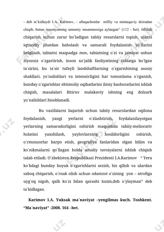 man” deb ta`kidlagan. karimov i.a. yuksak ma`naviyat –yengilmas kuch. toshkent. “ma`naviyat” -2008. 164 –bet. hudud tabiiy resurslaridan foydalanish uchun 233 km uzunlikga ega bo`lgan g`uzor – boysun –qumqo`rg`on temir yo`lini barpo etilishi muhim ahamiyatga ega. shu borada o`zbekiston respublikasi vazirlar mahkamasining 2011 – yilda respublikani ijtimoiy-iqtisodiy rivojlantirish yakunlariga va 2012 –yilda iqtisodiyotni barqaror rivojlantirishning eng muhim ustuvor vazifalariga bag`ishlangan majlisida prezident i.karimov “ shu nuqtai nazardan qaraganda, mamlakatimizning barcha hududlarini ishonchli ravishda bog`laydigan, mintaqaviy va jahon bozorlariga chiqishni ta`minlaydigan o`zbek milliy avtomagistrali tarkibiga kiradigan yo`llarni qurish va rekonstruksiya qilish loyihalarini jadal amalgam oshirish biz uchun g`oyat muhim ahamiyatga ega.” deb bayon etganlar. i.karimov. “ 2012 yil batanimiz taraqqiyotini yangi bosqichga ko`taradigan yil bo`ladi” xalq so`zi 2012 y. 20-yanvar, 14-son. kitob, shahrisabz yakkabog`, qamashi, g`uzor va dehqonobod tumanlarining hududlari qashqadaryo havzasining sharqiy tog`li qismini band etgan bо`lib, tog`-kon sanoati, hamda qishloq xо`jaligi ishlab chiqarishi uchun zarur bо`lgan tabiiy resurslarning katta zahiralariga …