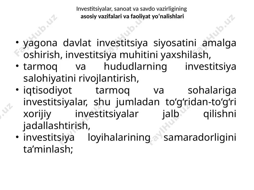 menejerlari” faoliyati samaradorligini baholash (kpi), ularni erishilgan ko‘rsatkichlar asosida rag‘batlantirish choralarini qo‘llash tizimi joriy etiladi; loyiha guruhlari tomonidan ishlab chiqilgan yangi loyihalar mahalliy va xorijiy investorlarga bepul taqdim qilinadi; xorijiy investitsiyalarni jalb etish agentligi tizimida “yagona darcha” tamoyili asosida, shu jumladan “onlayn” rejimda faoliyat yurituvchi investorlar markazi tashkil etiladi; investorlar markazi investorlarni mamlakatga kirib kelishda kutib oladi, ularga vizalar, shu jumladan investitsiya vizasini olishda ko‘maklashadi, muzokaralar uchun zarur sharoitlarni yaratadi; investitsiyalar, sanoat va savdo vazirligiga davlat organlari va mahalliy davlat hokimiyati organlariga aniqlangan kamchiliklarni bartaraf etish to‘g‘risida ijro etilishi majburiy bo‘lgan ko‘rsatmalar kiritish vakolati beriladi; investitsiyalar, sanoat va savdo vazirligiga o‘zining budjetdan tashqari mablag‘lari hisobidan investorlarni xalqaro aeroportlarning “vip” zalida kutib olish va kuzatish vakolati beriladi; b) sanoat yo‘nalishida: tiklanish va taraqqiyot jamg‘armasi huzurida sanoatni rivojlantirish jamg‘armasi tashkil etiladi; investitsiyalar, sanoat va savdo vazirligi huzurida yuridik shaxs maqomiga ega bo‘lmagan sanoat va tashqi bozorlarni tahlil qilish markazi tashkil etiladi; 2023-yil …