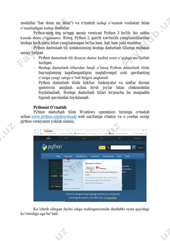 uchun tayyorlab qo’yilgan, siz faqat kerakli qismlarni tanlashingiz va ularni birlashtirishingiz kerak. modullar har bir dastur boshida import buyrug'i yordamida ulanadi. barcha keng qo'llaniladigan modullar ikkita asosiy qismga bo'linadi: python interpretatori bilan birga o’rnatiladigan standart kutubxona modullari (bu modullar "har doim siz bilan") va o'rnatish tashqi o’rnatish vositalari bilan o’rnatiladigan tashqi modullar. python-ning eng so'nggi asosiy versiyasi python 3 bo'lib, biz ushbu kursda shuni o’rganamiz. biroq, python 2, garchi xavfsizlik yangilanishlaridan boshqa hech narsa bilan yangilanmagan bo'lsa ham, hali ham juda mashhur. python dastrulash tili sintaksisining boshqa dasturlash tillariga nisbatan asosiy farqlari - python dasturlash tili dizayni dastur kodini oson o’qishga mo’ljallab tuzilgan. - boshqa dasturlash tillaridan farqli o’laroq python dasturlash tilida buyruqlarning tugallanganligini nuqtalivergul yoki qavslarning o’rniga yangi satrga o’tish belgisi anglatadi. - python dasturlash tilida tsikllar, funksiyalar va sinflar doirasi qamrovini aniqlash uchun bo'sh joylar bilan chekinishdan foydalaniladi. boshqa dasturlash tillari ko'pincha bu maqsadda figurali qavslardan foydalanadi. pythonni …