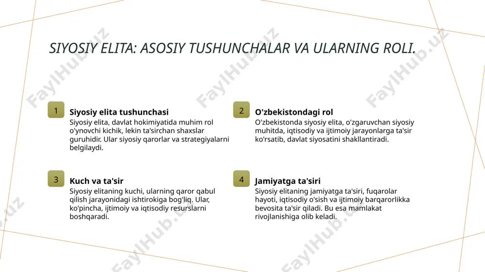 lik jamiyati fuqarolik jamiyati, nodavlat tashkilotlari va faol guruhlar orqali siyosiy jarayonlarga ta'sir ko'rsatadi. ular hukumatga qarshi fikrlarni ifodalashda va jamiyatni mobilizatsiya qilishda muhimdir. ta'sir va kuch: o'zbekistondagi siyosiy qarorlar va jamiyatga ta'siri. 1 siyosiy qarorlar - o'zbekistondagi siyosiy qarorlar davlatning iqtisodiy va ijtimoiy rivojlanishida muhim rol o'ynaydi, xalqning hayot sifatiga bevosita ta'sir qiladi. 2 ta'sir mexanizmlari - siyosiy elita, qarorlar qabul qilish jarayonida o'z ta'sirini namoyon etadi, bu esa iqtisodiy siyosat va ijtimoiy barqarorlikka olib keladi. 3 jamiyatga ta'siri - o'zbekistondagi siyosiy qarorlar jamiyatdagi qatlamlar orasidagi munosabatlarni belgilaydi, ijtimoiy tengsizlik va adolat masalalariga ta'sir ko'rsatadi. xulosa siyosiy elita ahamiyati tarixiy omillar ta'siri kuch dinamikalari o'zbekistondagi siyosiy elita mamlakatning rivojlanishida muhim rol o'ynaydi. ular qarorlar qabul qilish jarayonida asosiy aktorlar hisoblanadi. o'zbekistondagi siyosiy elitani shakllantiruvchi tarixiy omillar, madaniyat va an'analar bilan chambarchas bog'liqdir. ushbu omillar siyosiy muhitni belgilaydi. o'zbekistondagi siyosiy kuch dinamikalari, ichki va tashqi omillar bilan birgalikda, jamiyatdagi o'zgarishlarda …