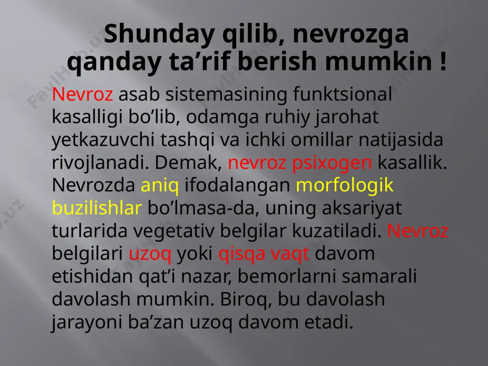 z isteriya – yun. histeria – bachadon degan maʼnoni anglatadi. bu kasallik belgilari haqida qadimgi risolalarda koʼp yozilgan va uni dastlab bachadon funktsiyasi bilan bogʼlashgan. chunki isteriyani, asosan, ayollarda kuzatishgan. keyinchalik isterik buzilishlar erkaklarda ham aniqlangan boʼlsa-da, uning avvalgi nomi saqlanib qolgan. isteriya nevrozning boshqa turlari kabi keng tarqalgan kasallik. bu kasallik, asosan, yoshlik davrida va koʼproq ayollarda kuzatiladi. isteriya etiologiyasi ortiqcha taʼsirlanish, har narsaga haddan tashqari eʼtibor berish, mustaqil fikrlay olmaslik, ortiqcha ishonuvchanlik, rang-barang his-tuygʼularga berilish isteriya uchun juda xos belgilar. ular ruhan va jismonan zaif kishilardir. koʼpchilik isterik bemorlar feʼl-atvori bolalar feʼl-atvoriga oʼxshab ketadi. bunday bemorlar uchun atrofdagilar diqqatini oʼziga jalb etish xos. isterik buzilishlar faqat nevrozlarda emas, balki psixopatiyalarda ham kuzatiladi endi isteriyaning keng tarqalgan turlari bilan tanishib chiqamiz. es-hushning kirdi-chiqdi boʼlib qolishi. birdan boshlanadigan va tez tugallanadigan holat boʼlib, bunda bemor atrofdagilarga befarq boʼladi, hozir soat nechaligini, oʼzi nima qilayotganini bilmaydi. bu holat bir necha daqiqadan …