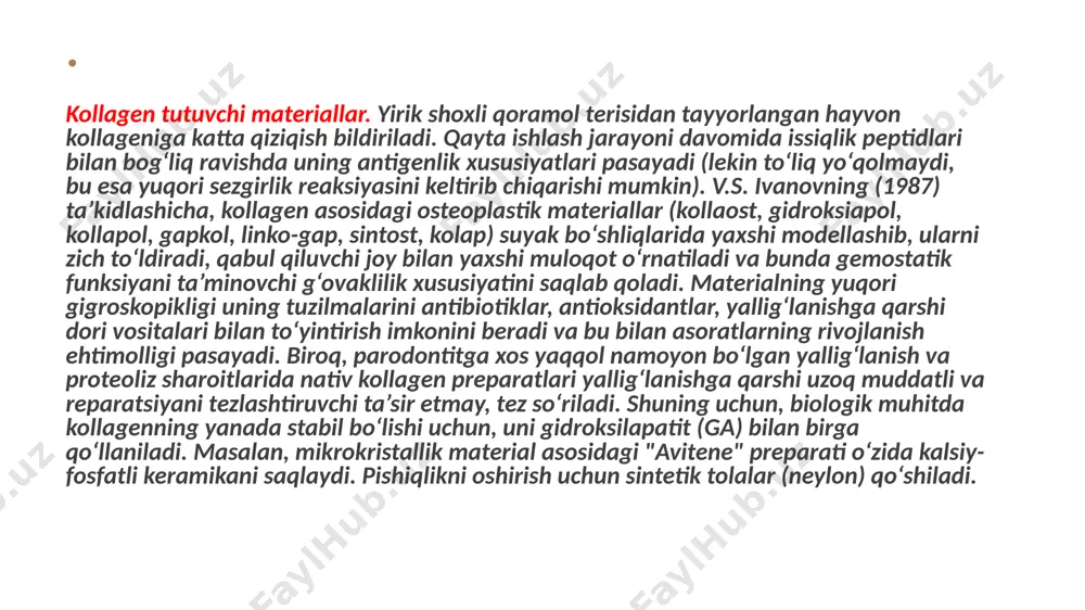 taklar ajratiladi, bu esa alveolyar o'siqning marginal qismini ochishga imkon beradi. milkning kesilgan marginal qismi olib tashlanadi . tish ildiziga ehtiyotkorlik bilan ishlov beriladi.keyin bormashina bilan alveolyar o'siq tekislanadi. operatsiya laxtaklarni joyiga qaytarish va choklar yordamida mahkamlash bilan yakunlanadi. operatsiyaning kamchiliklari tish ildizining ochilib qolishidir. bundan tashqari, har doim ham laxtak bilan tishlararo oraliq yopilishiga erishib bo'lmaydi. shu bilan birga, gingivoektomiya bilan solishtirganda,widman bo'yicha laxtak operatsiyasi bir qator afzalliklariga ega:1) bemor operatsiyadan keyin kamroq nohushlik his qiladi, chunki yara laxtak bilan bitadi; 2) laxtak operatsiyasida alveolyar o'siqqa normal anatomik shakllar beriladi. . suyak to'qimasini almashtirish uchun materiallarning induktiv potentsialning og'irligiga ko'ra tasnifi (a. ostrovskiy, 1999) 1.osteoinduktiv implantlar a. autotransplantantlar 1.og'izdan tashqari – yonbosh suyak, qovurg'a a. yangi b. muzlatilgan, 2. og'iz ichi a. suyak ko'migi b. tish do'mbog'i v. ekstraksiya soxalari g. iyak osti soxasi . etiboringgiz uchun rahmat