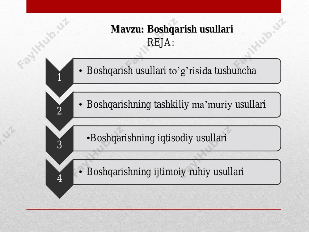 izimosti obyektlarni boshqarish usuli “ishlab chiqarish” bo„limi: • mahsulotning mustahkam (ishonchli)liligini tahlil qilish; • mahsulot sifatini nazorat qilish; • omilli tahlil; • funksional tahlil; • ishchi kuchi, uskuna va materiallardan foydalanish funksional tizimosti obyektlarni boshqarish usuli “ishlab chiqarish” bo„limi: • materiallardan foydalanishni nazorat qilish; • ishlab chiqarish operatsiyalarini o‘rganish; • ishlab chiqarishni programmalashtirish, • rejalashtirish va nazorat qilish; • xarajatlarni hisob-kitob qilish va boshqalar. “marketing” bo„limi tahlili *tovarlar bozorida korxonaning mavqeini diagnostika qilish; *korxonaning bozorga chiqish imkoniyatlarini tahlil qilish; *yangi mahsulot va yangi bozorlarga chiqish bo„yicha talab va ehtiyojlarni aniqlash; *marketing konsepsiyasini ishlab chiqish va h.k. “xodim” tizimosti ta‟sir ko„rsatish nuqtai nazardan usul - deganda boshqarish funksiyalarini amalga oshirish uchun boshqaruv obyektiga qanday tarzda ta‟sir o„kazish usullari tushuniladi. bunday usullarga quyidagilar kiradi: *funksional tizimosti obyektlarni boshqarish usuli; * boshqarish funksiyalarini bajarish usullari; boshqaruv qarorlarini qabul qilish usullari. boshqaruv usullarining turlari tashkiliy ma‟muriy iqtisodiy ijtimoiy ruhiy boshqarishning tashkiliy-ma‟muriy usullari tashkiliy-ma‟muriy usullar …