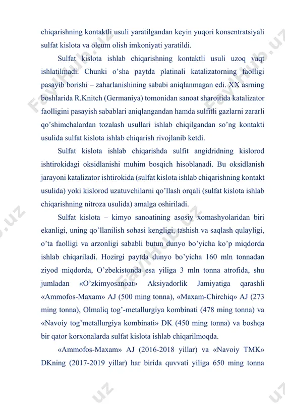 mkoniyatini yaratadi. sulfat kislota olish uchun xomashyo sifatida elementar oltingugurt yoki tarkibida oltingugurt tutgan va undan elementar oltingugurt yoki sulfit angidrid olish mumkin bo’lgan moddalar ishlatiladi. tabiiy sof oltingugurt tabiatda nisbatan kam tarqalgandir. oltingugurt tabiatda ko’pincha temir, rux, qo’rg’oshin, mis va boshqa metallar bilan birikmasi holatida uchraydi. yer qobig’idagi oltingugurtning miqdori 0,1% ni tashkil etadi. sulfat kislota ishlab chiqarish uchun tarkibida asosan temir disulfid fes2 tutgan pirit yoki temir kolchedani keng ko’lamda ishlatiladi. oltingugurt ko’pgina minerallar tarkibida ikkita metall bilan hosil qilgan sulfidlari tarzida ham bo’lishi mumkin, masalan, mis kolchedani (xalkopirit) temir va misning oltingugurtli birikmasidir. oltingugurt bundan tashqari tabiatda sulfatlar, masalan, gips (kalsiy sulfat), mirabalit (natriy sulfat), glauberit (natriy va kalsiy sulfat) va xokazolar tarzida ham uchraydi. u neft, toshko’mir, tabiiy va o’txona gazlari tarkibida ham bo’ladi. toshko’mirni kokslash paytida undagi oltingugurt vodorod sulfidga aylanadi va koks gazi tarkibiga o’tadi. vodorod sulfid, shuningdek, generator gazi, neftni qayta ishlash gazlari, …