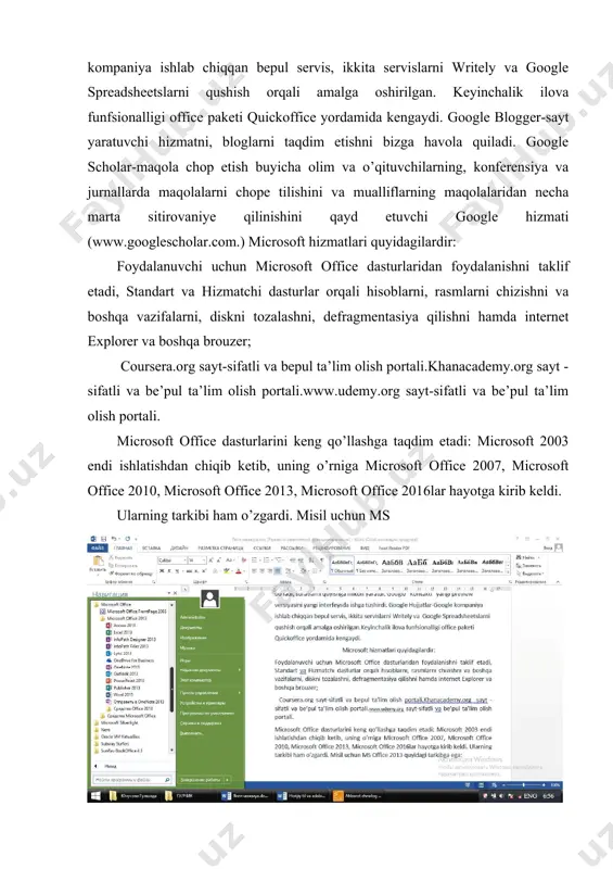 ormula va funksiyalarda ishlovchi, hisoblarni bajaruvchi dastur, info path designer , info path filler dasturlari, internetda ishlovchi lync 2013, one drive for biznessbizness uchun dastur, one note 2013, outlook 2013, otpravit v one note 2013, power point taqdimotlar va slaydlar ularning asosida taqdimotlar yaratish dasturi, publisher-nashr yaratish dasturi, word-matn protsessori, matnlarni, hujjatlarni yaratish va ular bilan ishlashni ta’minlovchi dastur. microsoft kompaniyasining offis dasturlari lentasimon bo’lib 2007 yil versiyasidan taqdim etildi, uning tarkibida ham yangi dasturlar paydo bo’la boshladi, 2010yil ofis dasturlari undan ham ishlatishga qulay etib yaratildi. microsft office dasturlarining 2013 yil versiyasida esa internetda ishlovchi lync 2013, infopath designer, infoparh diller kabi shakl yaratuvchi va uni ko’ruvchi dasturlarni kutubhonani sinhronlashtirish uchun sky drive pro, yozuv kitobchasini yaratish uchun one note 2013, gazeta va jurnallar chop etish uchun publisher 2013 kabi dasturlarining yangi versiyalari taqdim etildi. bu offis dasturlarida word, excel, power point kabi dasturlarda qushimcha imkoniyatlar va effektlar, animatsiyalar …