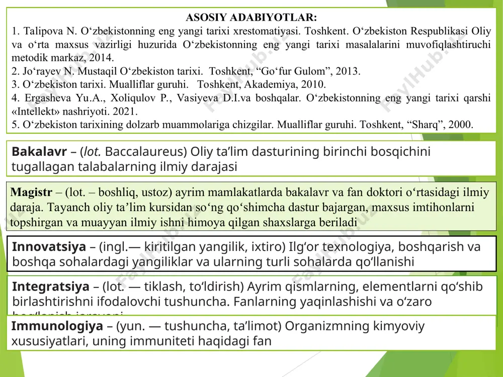tiq xodimga esa tashkilot va muassasalar tasarrufidagi uylar bepul xususiylashtirilib berildi 1992-yildagi qonun asosida umumiy ta’lim quyidagi bosqichlar bo‘yicha amalga oshirila boshlandi: i bosqich – boshlang‘ich ta’lim (1–4 sinf); ii bosqich – asosiy (tayanch) maktab (4–9 sinf); iii bosqich – yuqori o‘rta maktab (10–11 sinf) o‘zbekistonda 1997-yil 1-oktabr – «o‘qituvchilar va murabbiylar kuni» nishonlandi * o‘zbekistonda ta’lim sohasidagi siyosati 1997-yil 29-avgustda qabul qilingan «ta’lim to‘g‘risida»gi yangi tahrirdagi qonun hamda kadrlar tayyorlash milliy dasturida o‘z aksini topdi 1996–1997-o‘quv yilidan boshlab maktablarning birinchi sinflarida o‘qish yangi alifbo (lotin)da olib borildi. 2009-yildan boshlab, yurtimizda to‘liq 12 yillik majburiy ta’lim joriy etildi kadrlar tayyorlash milliy dasturi 3 bosqichdagi islohotlar asosida amalga oshirildi: i bosqich – 1997–2001-yillarda; ii bosqich – 2001–2005-yillarda; iii bosqich – 2005-yildan bugungi kungacha kadrlar tayyorlash milliy dasturi 1-bosqichi (1997-2001) doirasida 300 ga yaqin yangi turdagi ta’lim muassasalari ochildi. oliy o‘quv yurtlari qoshida 46 ta litsey tashkil etildi, 800 ga yaqin o‘quvchi …