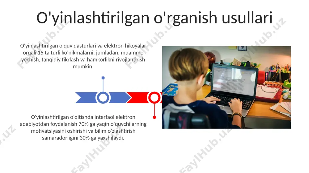 aollikning 3d modellari va animatsiyalar kabi elementlarni qo‘llash o‘quv jarayonini 20% ga qadar samaradorligini oshirishi mumkin. elektron adabiyotdagi gipermatnli havolalar va interfaol testlar o‘quv jarayonini individualizatsiyalashga va bilimlarni mustahkamlashga yordam beradi. elektron adabiyotining ta'limdagi imkoniyatlari elektron kitobxonalar va onlayn resurslar orqali 5000 dan ortiq elektron adabiyot namunalariga kirish imkoniyati ta'lim jarayonini diversifikatsiya qilishga yordam beradi. gipermatnli tuzilmasi tufayli elektron adabiyot 3x ko'proq ma'lumotni taqdim etib, turli manbalarga tezkor kirish imkoniyatini beradi va chuqurroq tushunishni ta'minlaydi. o'qitish samaradorligini oshirish interaktiv elektron hikoyalar va o'yinlar, an'anaviy usullarga nisbatan 1,5 baravar ko'proq bilish va eslab qolish jarayonini tezlashtiradi, natijada o'qitish samaradorligi ortadi. elektron adabiyotdan foydalanish o'quvchilarning 30% ga yaqin faol ishtirokini va 20% ga tushunish darajasini oshirishi mumkin, bu esa o'qitish samaradorligini sezilarli darajada yaxshilaydi. e'tiboringiz uchun rahmat @taqdimot_robot image4.jpg image5.jpg image6.jpg image7.jpg image8.jpg image9.jpg image10.jpg image11.jpg image12.jpg image13.jpg image14.jpg image15.jpg image1.jpeg image2.jpeg