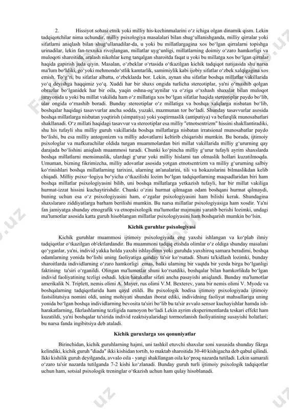 hilarning soni ko‘p, qolaversa, ishchilarning o‘zi turli ishlab chiqarish sharoitlarida ishlayotgan, turli iqlim sharoitlarida yashayotgan turli millatga mansub kishilardir. ularning barchasini qamrab oladigan yagona ishonchli usulni topish masalasi juda jiddiy muammo bo‘lganligi uchun ham har bir katta guruhga taalluqli bo‘lgan asosiy, yetakchi sifatni topish va shu asosda uning psixo¬logiyasini o‘rganish hozircha ijtimoiy-psixologiyadagi asosiy metodologik yo‘llanma bo‘lib kelmoqda. qolaversa, katta guruhlar jamiyatning tarixiy taraqqiyoti mobaynida shakllangan guruhlar bo‘lgani uchun ham har qanday guruhni o‘rganishdan oldin, xoh bu sinflar bo‘lsin, xoh millatlar yoki xalqlar psixologiyasi bo‘lsin, uning hayot tarzi, unga xos bo‘lgan odatlar, udumlar, an'analar o‘rganiladi. ijtimoiy-psixologik ma'noda, hayot tarzini o‘rganish deganda, u yoki bu guruhga taalluqli bo‘lgan kishilar o‘rtasida amalga oshiriladigan muloqot tiplari, o‘zaro munosabatlarda ustun bo‘lgan psixologik omillar, qiziqishlar, qadriyatlar, ehtiyojlar va boshqalar nazarda tutiladi. ana shularning umumiyligi tufayli har bir shaxsda, ya'ni u yoki bu katta guruhga mansub bo‘lgan shaxsda tipik xislatlar shakllanadi. masalan, 90- yillar yoshlariga xos bo‘lgan …