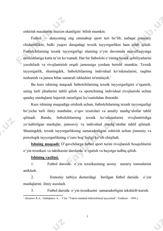 atga erishadilar. futbolchilarning texnik tayyorgarligi nafaqat individual, balki jamoaviy o‘yin ko‘nikmalarini ham rivojlantirishga yordam beradi. to‘p bilan ishlash futbolchilarning to‘p bilan ishlash qobiliyati o‘yin davomida muhim rol o‘ynaydi. bu ko‘nikma, to‘pni zarba bilan yo‘naltirish, to‘pni to‘g‘ri qabul qilish, uzatish va qabul qilish kabi amaliyotlarni o‘z ichiga oladi. futbolchi to‘pni har xil yo‘nalishlarda boshqarish va jismoniy harakatlar bilan moslashtirishni bilishi kerak. · dribling: to‘pni nazorat qilish va raqiblarni o‘tkazib yuborish uchun zarur bo‘lgan texnik ko‘nikma. · pas berish: jamoa a'zolariga aniq va samarali pas berish, shuningdek, to‘pni qabul qilish. · zarba berish: to‘pni o‘zgartirish, gol urish yoki raqibning hujumlarini to‘xtatish uchun zarba berish. tezkor o‘yin va qaror qabul qilish futbolda tezkor qarorlar qabul qilish juda muhimdir. futbolchilar o‘yin vaqtida to‘pni qanday uzatish, kimga pas berish, qaysi yo‘nalishga hujum qilish yoki himoyaga o‘tish haqida tez va to‘g‘ri qarorlar qabul qilishlari kerak. · tezkor qaror qabul qilish: futbolchi to‘pni tezda qanday yo‘naltirishni va …