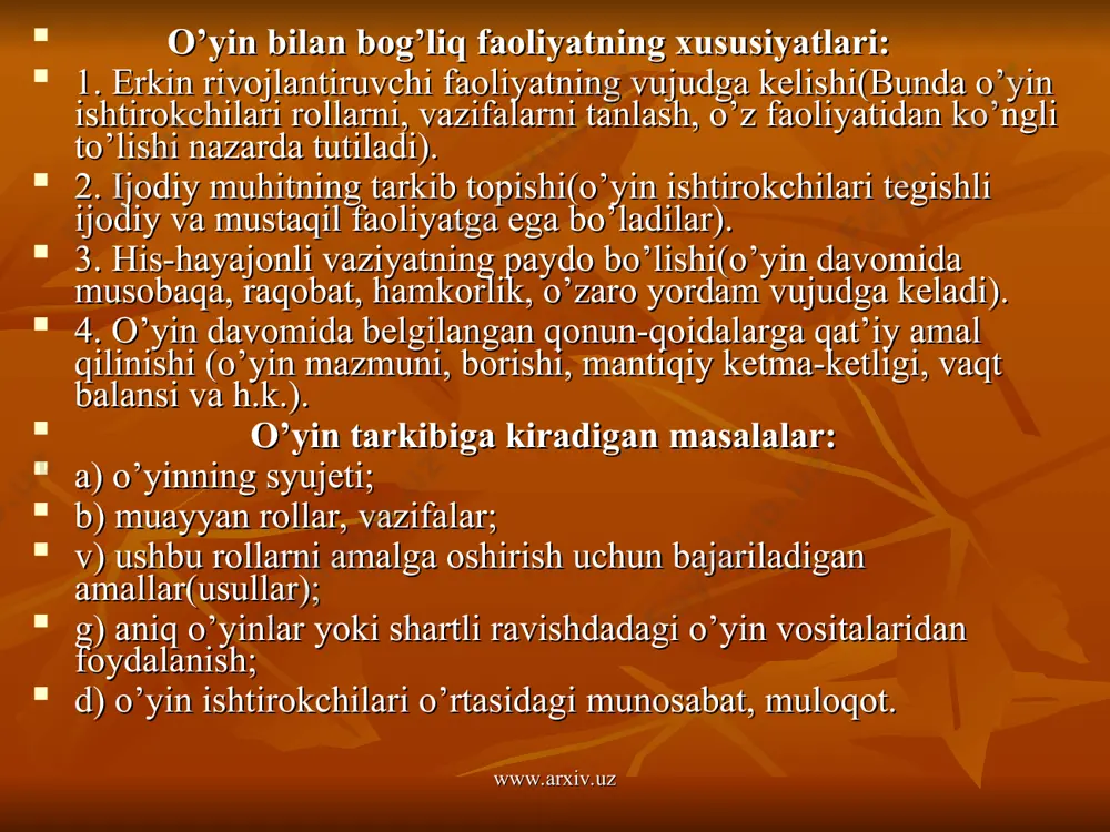 miy dunyoqarashini kengaytirish kabilarga mo’ljallangan didaktik o’yinlardir. www.arxiv.uz www.arxiv.uz ishbilarmonlar o’yinini uyushtirishda quyidagi vazifalarni bosqichma-bosqich amalga oshirish zarur: 1. o’yin mavzusini oldindan belgilashi. 2. didaktik o’yinning maqsadi, vazifalari, borishi, mantiqiy ketma-ketligi, o’quvchi(talaba)lar bajarishi lozim bo’lgan topshiriqlarni aniqlash va rejalashtirish. 3. didaktik o’yin davomida o’quvchi(talaba)lar oldiga qo’yiladigan muammoli vaziyatlar tizimini vujudga keltirish yo’llarini aniqlash va loyihalash. 4. o’quvchi(talaba)larni didaktik o’yinning maqsadi va vazifalari bilan tanishtirish, didaktik o’yin talab etadigan vazifalarni taqsimlash, ularning har biriga aniq yo’llanma berish. 5. mazkur o’quv-bilshga oid muammoli vaziyatlarni hal etishda o’quvchi(talaba)larning avvalgi mavzulardan o’zlashtirgan bilim, ko’nikma va malakalarini tanish, odatiy va yangi kutilmagan vaziyatlarda qo’llanish imkoniyatlarini aniqlash. 6. o’quvchi(talaba)larning didaktik o’yinga tayyorgarlik faoliyatini kuzatish va nazorat qilish. www.arxiv.uz www.arxiv.uz o’quvchi(talaba)larning o’yinga tayyorgarlik ko’rishda quyidagi masalalarni bilishi taqozo etiladi: didaktik o’yinning maqsadi, vazifasi, olib borilish tartibi, qoidalari bilan tanishishi. didaktik o’yin maqsadi va vazifasidan kelib chiqadigan muammoli vaziyatni aniqlashi. muammoli vaziyatdan chiqishning samarali yo’llarini topishi. har bir …