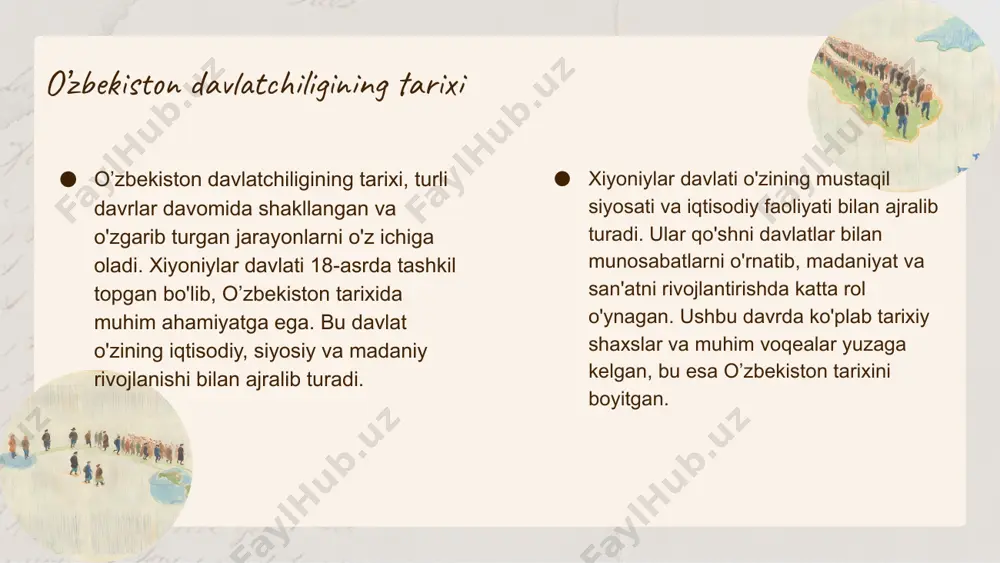 iylar davlatining hududi hozirgi o'zbekistonning ko'p qismiga to'g'ri kelgan. statistik ma'lumotlarga ko'ra, davlat o'z faoliyati davomida o'z hududini kengaytirgan va qisqartirgan. bu o'zgarishlar davlatning siyosiy va iqtisodiy holatiga bog'liq. tarixiy manbalarda keltirilgan raqamlar va xaritalar orqali bu o'zgarishlarni yanada chuqurroq o'rganish mumkin. xiyoniylar davlatining hududiy ta’siri xiyoniylar davlati o'z atrofidagi davlatlarga muhim ta'sir ko'rsatdi. ular iqtisodiy va madaniy aloqalarni rivojlantirib, mintaqaviy integratsiyani kuchaytirdilar. xiyoniylar davlati savdo va madaniyat o'zaro almashinuvi orqali atrofdagi davlatlar bilan aloqalarni mustahkamladi. mintaqaviy savdo yo'llari, ayniqsa, ipak yo'li, xiyoniylar davlatining iqtisodiy barqarorligini ta'minlab, savdoni kengaytirish va madaniyat almashinuvi uchun muhim rol o'ynadi. shuningdek, bu yo'llar orqali xiyoniylar davlati xalqlari o'rtasida madaniy almashinuvlar va ijtimoiy aloqalar rivojlandi. photo by the new york public library on unsplash xiyoniylar davlati: tarixiy ko‘rinish xiyoniylar davlati o‘zbekiston tarixida muhim ahamiyatga ega bo‘lib, u 1784 yilda tashkil etilgan. ushbu davlat, o‘zining madaniyati, iqtisodiyoti va siyosiy tizimi bilan mintaqada muhim rol o‘ynagan. - …