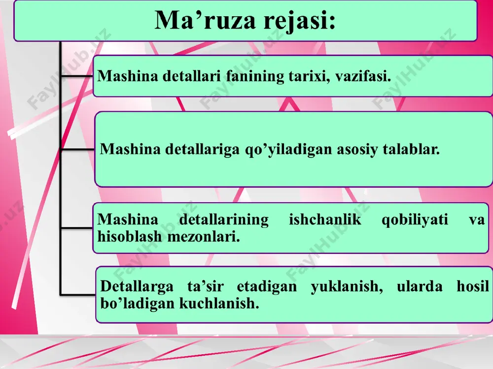 gicha tasniflanadi: 1. mehnat vositalarining rasmini, xossalarini, holatini va joylanishini o’zgartiruvchi ishchi mashinalar. 2. har qanday turdagi quvvatni mexanik ishga aylantiruvchi harakatlantiruvchi mashinalar (ichki yonuv dvigatellari, gaz turbinalari, reaktiv va elektr dvigatellar, bug’ mashinalari). 3. mexanik ishni boshqa turdaga quvvatga aylantiradigan mashiialar - geeneratorlar deyiladi (dinamomashinalar, sovutgichlar). 4. nazorat qiluvchi va boshqaruvchi mashinalar. 5. axborotni to’plash, saqlash, qayta ishlash, uzatish va qo’llash uchun ishlatiladigan mashinalar kibernetik mashinalar deyiladi. hozirgi zamon texnikasini elektron hisoblash mashinalari, avto­matik boshqarish tizimlarisiz tasavvur qilish qiyindir. demak, mashina uzellardan, uzellar esa detallardan tuzilgan bo’lar ekan. boltlar, gaykalar, tishli uzatmalar, tasmali uzatmalar, podshipniklar, vallar va ьoshqalar shular jumlasidandir. bunday detal va uzellar mashinalarda umumiy vazifalarni bajaradi. ularning tuzilishi hamda loyihalanish usullari «mashina detallari» fanida o’rganiladi. mexanika(mashina detallari) fani muhandislik amaliyotida ko’plab uchraydigan, deyarli barcha turdagi mashinalar uchun umumiy bo’lgan detal va uzellarning tuzilishini hamda ularni iqtisodiy jihatdan tejamli qilib hisoblash va loyihalash usullarini o’rganuvchi fandir. shu bilan …