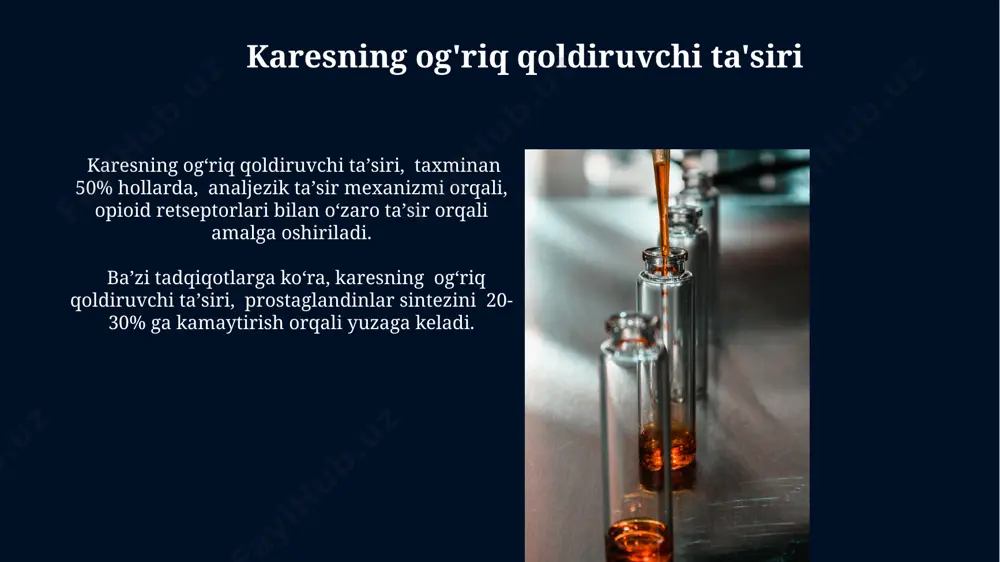 esningni homiladorlik va emizish davrida qo'llash faqat shifokor nazorati ostida, potentsial foyda va xavflarni sinchkovlik bilan baholashdan keyin amalga oshirilishi mumkin. dozani shifokor belgilaydi. kares tarkibidagi bioaktiv moddalar kares tarkibida 150 dan ortiq turli xil fenolik birikmalar, jumladan, flavonoidlar va fenolik kislotalar mavjud bo'lib, ular kuchli antioksidant xususiyatlarga ega. kares tarkibidagi lignanlar, masalan, sezoligin va pinoresinol, taxminan 20-30% gacha tarkibni tashkil etib, yurak-qon tomir kasalliklarining oldini olishga yordam beradi. karesning metabolizmga ta'siri karesning plazma oqsillari bilan bog'lanish darajasi taxminan 90% ni tashkil etadi, bu uning yarim chiqarilish davrini uzaytiradi va to'qimalarda to'planishiga olib kelishi mumkin. karesning jigarda cyp450 izoenzimlari orqali metabolizmlanishi natijasida faol metabolitlar hosil bo'ladi, ularning ta'siri asl modda ta'siridan 2-3 baravar kuchli bo'lishi mumkin. e'tiboringiz uchun rahmat @taqdimot_robot image5.jpg image6.jpg image7.jpg image8.jpg image9.jpg image10.jpg image11.jpg image12.jpg image13.jpg image14.jpg image15.jpg image16.jpg image17.jpg image18.jpg image19.jpg image20.jpg image21.jpg image1.jpg