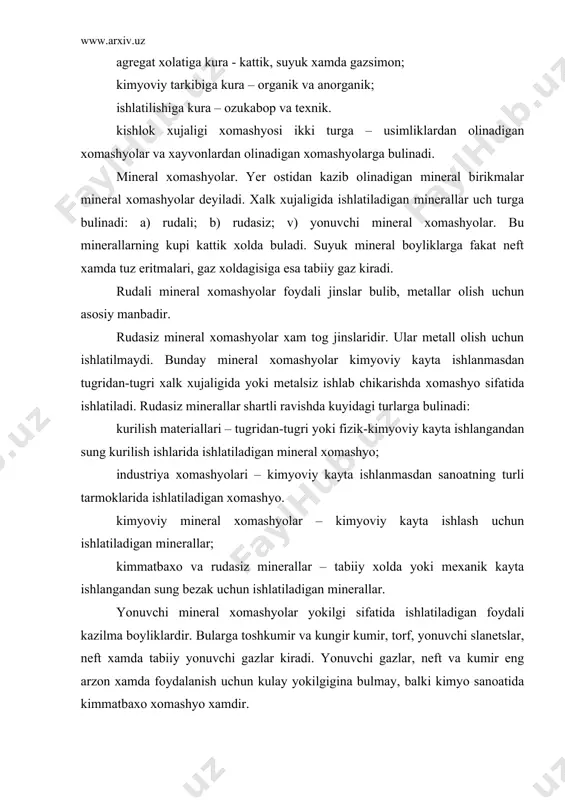 xomashyolarga ozuka sifatida ishlatiladigan birikmalar – urmonchilik, balikchilik va kishlok xujaligi maxsulotlari kiradi. usimlik va xayvonlardan olinadigan texnik xomashyolarga yukorida kursatilgan xalk xujaligi tarmoklarining ozik uchun yaramaydigan maxsulotlari kiradi. ularni mexanik va kimyoviy kayta ishlab, ulardan turmushda va sanoat ishlab chikarishida ishlatiladigan xomashyolar olinadi. bunday xomashyo turlarini kimyoviy kayta ishlab, turli maxsulotlar olish mumkin. manbalari kupligi, amaliy jixatdan bitmas-tuganmas zaxiraga egaligi ular asosida kupgina yangi kimyoviy korxonalar tashkil etishga imkon beradi. umuman, fan va texnikaning nixoyatda tezlik bilan rivojlanishi yangidan-yangi materiallarni, shuningdek, yangi xomashyo materiallarini kidirib topish masalasini dolzarblashtirmokda. bu masala asosan olti yul bilan amalga oshiriladi: · iloji boricha arzon xomashyolarni kidirib topish va ishlatish; · xomashyodan kompleks foydalanish; · konsentrlangan xomashyo va maxsulotlar ishlatish; · juda toza maxsulotlar ishlatish; · texnika maksadlari uchun ishlatiladigan ozukabop xomashyolarni noozukabop xomashyo bilan almashtirish; iloji boricha maxalliy xomashyolardan foydalanish. xozirgi vaktda kimyo va kimyoviy texnologiya yutuklari muxim texnika-xujalik maxsulotlarini noozukabop xomashyolardan olishga …