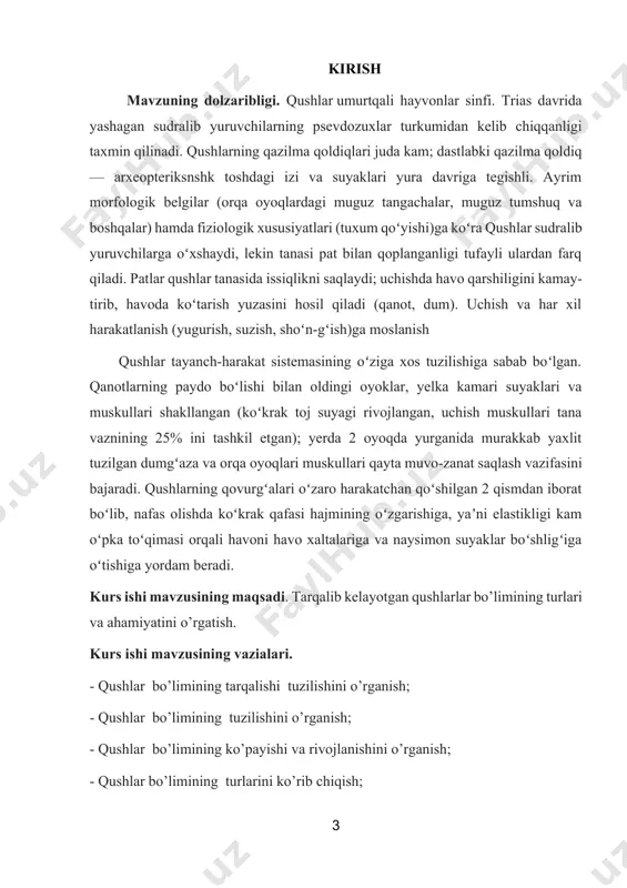 ta muvo-zanat saqlash vazifasini bajaradi. qushlarning qovurgʻalari oʻzaro harakatchan qoʻshilgan 2 qismdan iborat boʻlib, nafas olishda koʻkrak qafasi hajmining oʻzgarishiga, yaʼni elastikligi kam oʻpka toʻqimasi orqali havoni havo xaltalariga va naysimon suyaklar boʻshligʻiga oʻtishiga yordam beradi. kurs ishi mavzusining maqsadi. tarqalib kelayotgan qushlarlar bo’limining turlari va ahamiyatini o’rgatish. kurs ishi mavzusining vazialari. - qushlar bo’limining tarqalishi tuzilishini o’rganish; - qushlar bo’limining tuzilishini o’rganish; - qushlar bo’limining ko’payishi va rivojlanishini o’rganish; - qushlar bo’limining turlarini ko’rib chiqish; - qushlar bo’limining tutgan o’rnini o’rganish; - qushlar bo’limining turlarining sanoatda va tibbiyotdagi ahamiyatini ko’rib chiqish; - qushlar bo’limiga mansub turlarini aniqlash. kurs ishi mavzusining obyekti. qushlar bo’limini o’rganish. kurs ishi mavzusining predmeti. qushlar bo’limining hayotiy shaklini o’rganishga kerak bo’ladigan barcha vositalar predmet sifatida. kurs ishi mavzusining amaliy ahamiyati. qushlar bo’limining inson, tibbiyot, sanoat va qishloq xo’jaligidagi ahamiyatini o’rganish va yosh mutaxasislarni lishayniklar haqidagi bilim va ko’nikmalar bilan boyitish. kurs ishining tarkibiy tuzulishi va …