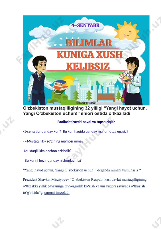 at va san’at arboblari, taniqli sportchilardan iborat targ‘ibot guruhlari tashkil etiladi. shuningdek, bayram dasturlarini tayyorlashga ssenarist va rejissorlar, yozuvchi va shoirlar, bastakor va baletmeysterlar, sahna rassomlari, iste’dodli yosh ijrochilar, maqom va baxshichilik san’ati vakillaridan iborat ijodiy guruhlar keng jalb etiladi. quyidagilarga moddiy va ma’naviy yordam berish bilan bog‘liq xayriya tadbirlari o‘tkaziladi: ikkinchi jahon urushi qatnashchilari va faxriylar; mehnat faxriylari; nuroniy otaxon va onaxonlar. “ijtimoiy himoya yagona reyestri”, “temir daftar”, “ayollar daftari”, “yoshlar daftari”, “mehr daftari”ga kiritilgan hamda e’tibor va ko‘makka muhtoj insonlar. toshkent shahrida mustaqillik bayramiga bag‘ishlab o‘tkaziladigan teatrlashtirilgan konsert tomoshasining dasturi va ssenariysi ishlab chiqiladi. o‘tkaziladigan ko‘rik-tanlovlar: “ona diyor ranglar jilosida”, “vatan uchun yashaylik!”, “eng ulug‘, eng aziz” mamlakat istiqlolini tarannum etuvchi eng yaxshi qo‘shiq va musiqa asarlari tanlovining yakuniy bosqichi. eslatib o‘tamiz, o‘zbekistonda mustaqillikning 31-yilligi “yangi o‘zbekistonda el aziz, inson aziz” shior ostida o‘tkazilgan. o’zbekiston mustaqilligining qo’lga kiritilishi tasodifiy hodisa bo’lmay, buning ildizi uzoq o’tmishga borib taqaladi. milliy …