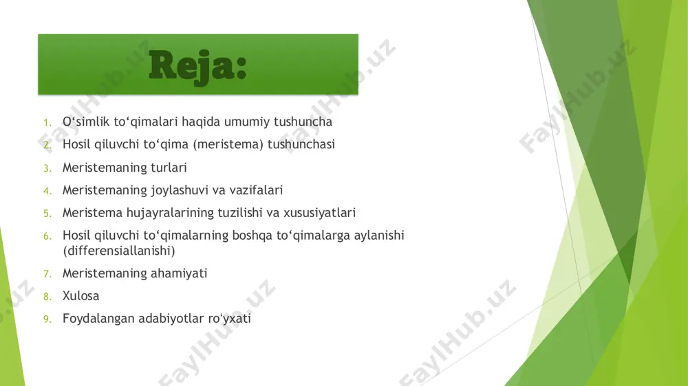 getativ ko‘payish va ilmiy tadqiqotlar uchun muhim hisoblanadi. foydalanilgan adabiyotlar ro‘yxati: 1. karimov a., to‘laganov a. “umumiy biologiya” – toshkent: o‘zbekiston, 2020. 2. hasanboyeva m. “o‘simliklar anatomiyasi va morfologiyasi” – toshkent: fan, 2018. 3. qodirov a., jo‘rayev u. “botanika asoslari” – toshkent: universitet, 2019. 4. zaytsev g.n. “biologiya. o‘simliklar va ularning tuzilishi” – moskva: prosveshcheniye, 2017. eʼtiboringiz uchun tashakkur! slide 1: andijon davlat universiteti tabiiy fanlar fakulteti biologiya yoʻnalishi 1-bosqich 104-guruh talabasi: yaminjonova hadichaning botanika fanidan tayyorlagan kurs ishisi. slide 2: mavzu: slide 3: reja: slide 4: o‘simlik to‘qimalari — bu o‘xshash tuzilishga ega bo‘lgan, bir xil vazifani bajaradigan hujayralar yig‘indisidir. ular kelib chiqishiga va vazifasiga ko‘ra ikki asosiy turga bo‘linadi: 1. hosil qiluvchi (meristema) to‘qimalar – o‘suvchan hujayra slide 5: meristema — bu o‘simlikdagi doimiy bo‘linish xususiyatiga ega bo‘lgan hujayralardan tashkil topgan to‘qimadir. ular o‘simlikning o‘sishini ta’minlaydi. meristema hujayralari mayda, yupqa devorli, yadroli va vakuolasiz bo‘ladi. ular yangi hujayral …