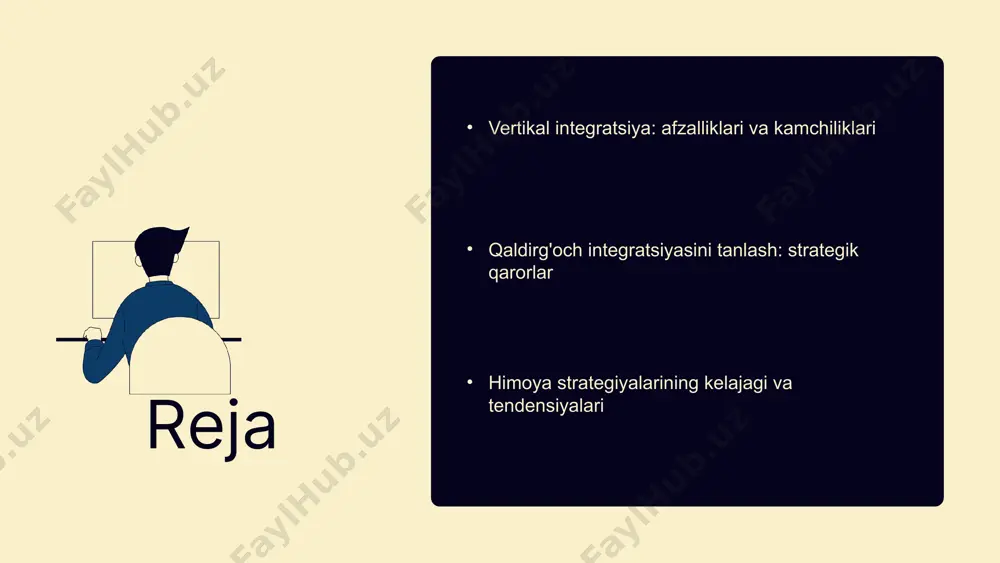 ki mahsulotga bog'lab qo'yadi, bu esa moslashuvchanlikni pasaytiradi. agar bozor talabida o'zgarishlar sodir bo'lsa, kompaniya tezda javob bera olmaydi va bu raqobat afzalliklarini yo'qotishga olib kelishi mumkin. bu holat, ayniqsa, tez o'zgaruvchan bozor sharoitlarida muhimdir. bozor talabidagi o'zgarish bozor talabining o'zgarishi vertikal integratsiya jarayonida muhim ahamiyatga ega. agar talab o'zgaradigan bo'lsa, kompaniya o'z mahsulotlarini yoki xizmatlarini yangilashda qiyinchiliklarga duch kelishi mumkin. bu, o'z navbatida, mijozlar bilan aloqa va mahsulotlarning raqobatdoshligini pasaytiradi. vertikal integratsiya va strategik qarorlar integratsiya foydasi vertikal integratsiya kompaniyalar uchun raqobatbardoshlikni oshirish, xarajatlarni kamaytirish va resurslardan samarali foydalanish imkonini beradi. u ta'minot zanjirini boshqarishni yengillashtiradi va sifatni yaxshilaydi. rejalashtirishdagi o'rni strategik rejalashtirishda vertikal integratsiya, kompaniyaning ichki va tashqi muhitini tahlil qilishga yordam beradi. bu qarorlar qabul qilish jarayonida risklarni kamaytiradi va o'zgaruvchan bozor sharoitlariga moslashishga imkon beradi. misollar bir nechta kompaniyalar, masalan, tesla va zara, vertikal integratsiyani muvaffaqiyatli qo'llab-quvvatlagan. tesla o'zining batareyalari va avtomobillarini ishlab chiqaradi, bu esa …