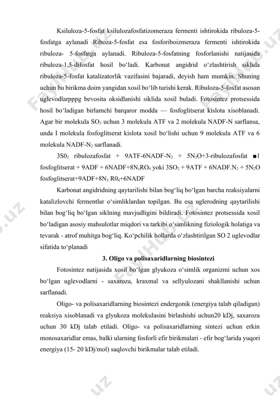 itga bog‘liq. ko‘pchilik hollarda o‘zlashtirilgan so 2 uglevodlar sifatida to‘planadi 3. oligo va polisaxaridlarning biosintezi fotosintez natijasida xosil bo‘lgan glyukoza o‘simlik organizmi uchun xos bo‘lgan uglevodlarni - saxaroza, kraxmal va sellyulozani shakllanishi uchun sarflanadi. oligo- va polisaxaridlarning biosintezi endergonik (energiya talab qiladigan) reaksiya xisoblanadi va glyukoza molekulasini birlashishi uchun20 kdj, saxaroza uchun 30 kdj talab etiladi. oligo- va polisaxaridlarning sintezi uchun erkin monosaxaridlar emas, balki ularning fosforli efir birikmalari - efir bog‘larida yuqori energiya (15- 20 kdj/mol) saqlovchi birikmalar talab etiladi. polisaxaridlarning sintezi uchun glikozil qoldig‘ining donori nukleoziddifosfatlar - udfglyukoza, adf-glyukoza va gdf-glyukoza va boshq. xisoblanadi. glyukozil qoldig‘i va nukleoziddifosfatlar orasidagi bog‘ energiyasi anchagina yuqori - 30 kdj/molni tashkil etadi. saxarozaning biosintezi yo‘li. saxaroza o‘simlikdagi xarakatchan shakldagi asosiy uglevod xisoblanadi. u fotosintez natijasida barglarda xosil bo‘ladi, shundan so‘ng o‘simlik “kapilyarlariga” - elaksimon naylarga yuklanadi. so‘ngra suv oqimi yordamida ildizning tomon xarakatlanadi. sellyuloza va kraxmalning biosintezi. ikkala polimer - kraxmal va …