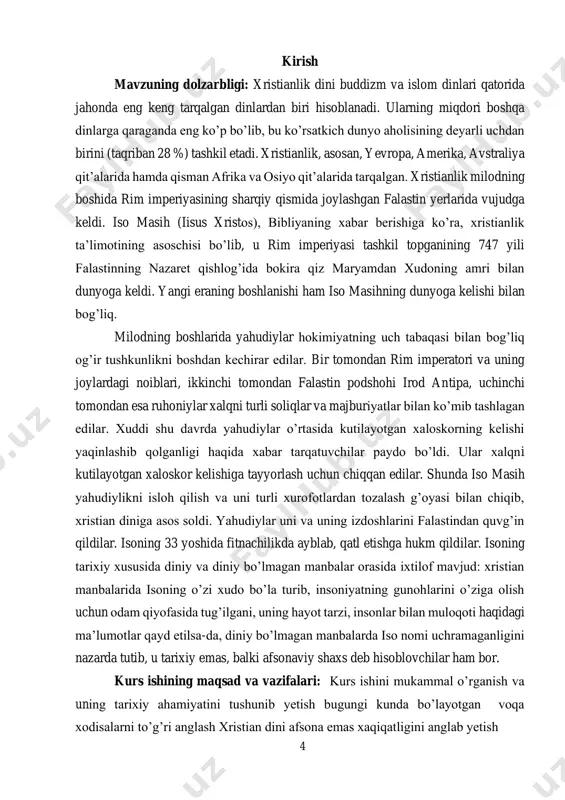 ar berishicha, xristianlik yahudiy muhitida yuzaga kelgan. shu bois yahudiylikning xristianlikning shakllanishida yaxudiylikning ta’siri salmoqli bo’lgani, shubhasiz. xristianlikning asosiy g’oyasi – isoning odamzodning xaloskori «messiya» ekanligi yahudiylikda mavjud bo’lib, oxiratga yaqin kelishi kutilayotgan xaloskor haqidagi ta’limotdan kelib chiqqandir. keyinchalik bu ta’limot xudoning mujassamlanishi yoki isoning ikki xil – odam va xudo mohiyati haqida «gunohni yuvish», ya’ni isoning o’zini ixtiyoriy tarzda qurbon qilishi haqidagi ta’limot bilan mustahkamlanadi2. xristianlik ota-xudo, o’g’il-xudo va muqaddas ruh – uch yuzlik xudo (trinity) to’g’risidagi ta’limotni, jannat va do’zax, oxirat, isoning qaytishi haqidagi va boshqa aqidalarni o’z ichiga oladi. xristian jamoasining shakllanishi, aqidalarining tartibga solinishi, cherkov munosabatlarining ishlab chiqilishi, diniy tabaqalar tuzumining vujudga kelishi milodning iv asr boshlarida, yaьni 324 yili xristianlik rim imperiyasida davlat dini deb e’lon qilinganidan so’ng amalga oshirildi.3 1 всемирная история.//султанов ф.в.м.,1965. -c. 69. 2 родригес а.м .,пономарев м.в. новейшая история стран европа и америки в хх в.m., 2001. -c.211. 7 325 -yili …