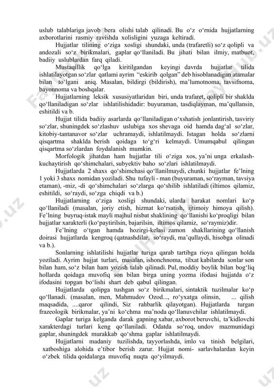 tasdiqlash, tartibga solish, o‘zgartirish, joriy qilish, komissiyasini tuzish, saylov kunini tayinlash, saylash, ozod etish, ratifikasiya qilish, ta'sis etish, amalga oshirish singari fe'lli birikmalar ishlatilgan. ushbu hujjatda amalga oshiriladi, asos bo‘ladi, tashkil etadi, belgilanadi, asoslanadi, hisoblanadi, himoya qilinadi, amalga oshiradi, tan olinadi, ish ko‘radi, ado etadi, kafolatlanadi, taqiqlanadi, tavsiya etiladi singari fe'llarning faol ishlatilishi ham yuqoridagi fikrning tasdig‘idir. rasmiyuslubfonetikjihatdan hech qandayxususiyatgaegaemas. leksikasidaesafarq qiluvchijihatsohaviyatamalarning, rasmiyiboralarningko‘pligi hisoblanadi. buuslubda ham, xuddiilmiyuslubdabo‘lganikabi, so‘zlarniko‘chmama'nolarda qo‘llash, tasviriyvositalardan unumlifoydalanishxosxususiyatsanalmaydi. sub'yektivemotsionallik, obrazlilik, og‘zakinutq elementlari, umuman g‘ayriadabiyunsurlarumumanishlatilmaydi. mumkin qadarbayonbirxilme'yordaifodaetiladi. shubilanbirga, ayrim holatlarda fikr yurtiilayotganmanba, mavzubilanuyg‘unravishdaba'zanbuuslubda hamobrazli ifodalardan foydalanishistisnoemas. muallif individualligining kam sezilarli bo‘lishi ham rasmiy uslubning o‘ziga xos xususiyatlaridan biridir. hujjatlar tili va uslubi hujjatlarning tili va uslubiga qadimdan e’tibor berishgan. bir qat'iy tartibda qonun-qoidalarga rioya qilingan holda yozilgani ma’lum. turkiy tilida teri, yog‘och, sopol, va pergamentlarga yozilgan hujjatlar talablariga ko‘ra bitilgan. turkiy tilda bitilgan hujjatlar x-xii asrlarda, o‘zbek (turkiy) tilida yozilgan hujjatlar xiv-xvi asrlar amir temur davriga to‘g‘ri keladi. …