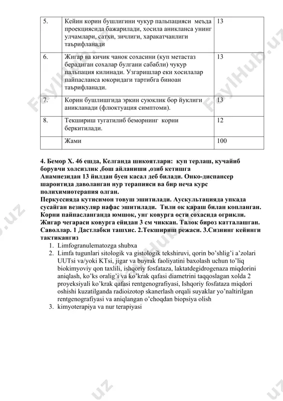 lalar paypaslansa yukoridagi tartibga binoan ta'riflanadi. 13 7. korin bushlishgida erkin suyuklik bor yukligi aniklanadi (flyuktuatsiya simptomi). 13 8. tekshirish tugatilib bemorning korni berkitiladi. 12 jami 100 4. bemor x. 46 eshda, kelganda shikoyatlari: kup terlash, kuchayib boruvchi xolsizlik ,bosh aylanishi ,ozib ketishga anamnezidan 13 yildan buen kasal deb biladi. onko-dispanser sharoitida davolangan nur terapiyasi va bir necha kurs poliximioterapiya olgan. perkussiyada kutisimon tovush eshitiladi. auskultatsiyada upkada susaygan vezikulyar nafas eshitiladi. tili ok karash bilan koplangan. korni paypaslanganda yumshok, ung kovurga osti soxasida ogrikli. jigar chegarasi kovurga eyidan 3 sm chikkan. talok biroz kattalashgan. savollar. 1 dastlabki tashxis. 2.tekshirish rejasi. 3.sizning keyingi taktikangiz 1. limfogranulematozga shubxa 2. limfa tugunlari sitologik va gistologik tekshiruvi, qorin bo’shlig’i a’zolari uutsi va/yoki ktsi, jigar va buyrak faoliyatini baxolash uchun to’liq biokimyoviy qon taxlili, ishqoriy fosfataza, laktatdegidrogenaza miqdorini aniqlash, ko’ks oralig’i va ko’krak qafasi diametrini taqqoslagan xolda 2 proyeksiyali ko’krak qafasi rentgenografiyasi, ishqoriy fosfataza miqdori …