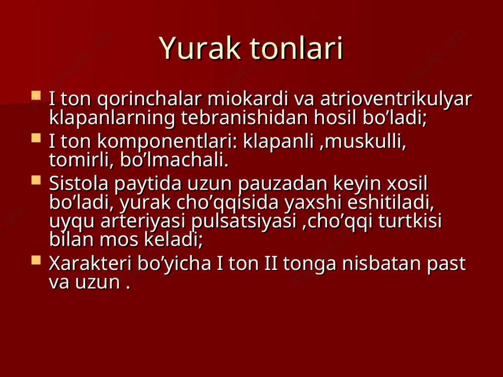 i qisqarishi bilan bog’liq bo’lib,bu ii tonning o’pka komponentining kechroq paydo bo’lishi yoki aortal koponentini ertaroq paydo bo’lishiga olib keladi. esda tuting: ii tonning patologik bo’linishi va ikkilanishi fiziologikdan farq qilib doimiy, hamda nafas olish va chiqarish paytida saqlanib qoladi. yurak shovqinlari yurak shovqinlari – nisbatan davomli tovush,qonning turbulent harakatida paydo bo’ladi .turbulentlik 3ta gemodinamik parametrlarning normal hamkorligi buzilganda yuzaga keladi: klapanli teshik yoki tomir bo’shlig’i diametri; qon oqish tezligi (chiziqli yoki hajmli); qonning yopishqoqligi. yurak sohasida va yirik tomirlar ustida eshitiluvchi shovqinlar yurak ichi va yurakdan tashqari(intra- va extrakardial)shovqinlarga bo’linadi . yurak ichi shovqinlari yurak ichi shovqinlari quyidagilarga bo’linadi: yurak anatomik strukturalarining va yurak klapanlarining chuqur organik zararlanishi(qorinchlar aro yoki bo’lmachalar aro to’siq) bilan bog’liq organik shovqinlar; funksional shovqinlar, asosida anatomik strukturalarning chuqur zararlanishi emas,balki klapan aparati funksiyasining buzilishi,anatomik teshiklardan qonning tez harakatlanib o’tishi yoki qon yopishqoqligining kamayishi yotadi. organik shovqinlar barcha yurak ichi organik shovqinlari klapanli teshiklar sohasida, …