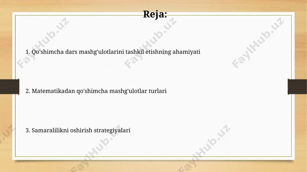larni jalb qilish uchun 5 ta turli xil usulni qo'llash (masalan, onlayn so'rovnomalar, uchrashuvlar, oilaviy matematika o'yinlari) kamida 30% qatnashishni ta'minlaydi. har bir tadbirda o'qituvchilar va ota-onalarning o'zaro munosabatlari samaradorligini baholash uchun 5 balldan iborat shkala qo'llanishi lozim, bu esa kamchiliklarni bartaraf etishga yordam beradi. mashg'ulotlarni rejalashtirish va o'tkazish metodlari har bir mashg'ulot uchun aniq maqsad va natijalarni belgilab, o'quvchilardan kamida 2 ta turli matematik ko'nikmalarini rivojlantirishga qaratish kerak. o'yin elementlaridan, masalan, raqobat, mukofotlar va guruhlarga bo'lishdan foydalanish, matematika mashg'ulotlarini qiziqarli va jozibador qilishga yordam beradi. zamonaviy texnologiyalarni qo'llash matematik tushunchalarni o'rgatishda 10 ta turli xil dasturlar va ilovalarning qo'llanilishi o'quvchilarning faol ishtirokini va motivatsiyasini oshiradi. zamonaviy texnologiyalar, masalan, interaktiv o'yinlar va simulyatsiyalar yordamida 5-sinf o'quvchilarining matematik qobiliyatlarini rivojlantirishda 20% ga yaxshilanish kuzatildi. o'quv materiallari va resurslarni tanlash boshlangʻich sinf matematika fanidan tashqari faoliyatlar uchun oʻquv materiallarini tanlashda 3 yoshdan 10 yoshgacha boʻlgan oʻquvchilarning kognitiv rivojlanish bosqichlarini hisobga olish muhim, …