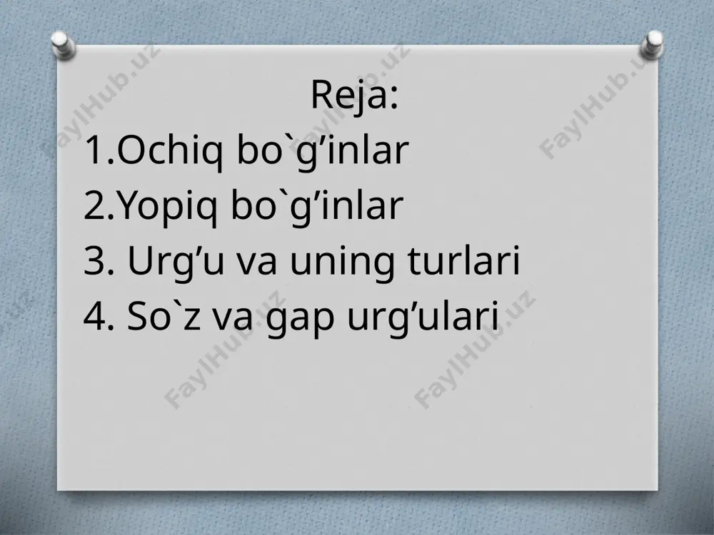 tovush bilan boshlanmaydi, aksincha, ular undosh tovush bilan tugaydi. yopiq bo'g'inlarning xususiyatlari: bo'g'inning oxirida undosh tovush joylashadi: yopiq bo'g'inda vokal tovushdan keyin undosh tovush keladi, bu esa tovushlar o'rtasida to'xtash yoki to'siq hosil qiladi. vokal tovush bilan tugaydi: bu bo'g'inlar odatda vokal tovush bilan tugaydi, masalan, "at", "ip", "ak" kabi bo'g'inlarda. bo'g'inning oxirida to'xtash: yopiq bo'g'inlar, aksariyat hollarda, bo'g'inning tugashida to'xtash yoki qisqa pauza hosil qiladi, bu tovushlarning orasidagi uzilish sifatida ko'riladi. yopiq va ochiq bo'g'inlar o'rtasidagi farq: ochiq bo'g'inlar: bu bo'g'inlar, odatda, vokal tovush bilan boshlanib, undosh tovush bilan tugaydi. masalan, "ka", "ba", "ma" kabi bo'g'inlar ochiq bo'g'inlardir. yopiq bo'g'inlar: bu bo'g'inlar undosh tovush bilan boshlanib, vokal tovush bilan tugaydi. masalan, "at", "ip", "ak" kabi bo'g'inlar yopiq bo'g'inlar sifatida qaraladi. yopiq bo'g'inlarning tilda roli: talaffuz va ritm: yopiq bo'g'inlar so'zlarning talaffuzini aniq va tezroq qilishga yordam beradi. bu bo'g'inlar, ayniqsa, so'zlar oxirida yoki grammatik qurilishlarda tez-tez uchraydi. so'zlarni ajratish: …