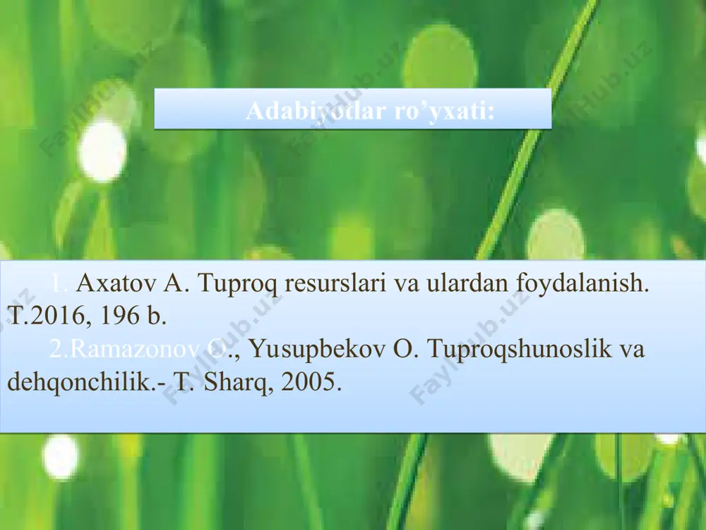 a taʼmir etishi ilmiy dehqonchilikning asosi hisoblanadi. oʼsimlik organlari hosil boʼlishida qatnashuvchi, oʼsishiga, rivojlanishiga, hosildorligiga, yetishtirilgan mahsulot sifatiga taʼsir etuvchi omillar dehqonchilikda madaniy oʼsimliklarning hayot omillari deyiladi. dunyo olimlarining dehqonchilik faniga qoʼshgan xissalari dehqonchilik fanini rivojlanishida qator olimlar oʼz hissasini qoʼshgan. m.v.lomonosov (1711-1765) “yer qatlamlari haqida" nomli asarida qora tuproqni kelib chiqishini bayon qildi. bolotov xviii asrning ikkinchi yarmida yer tuzilishi, almashlab ekish, begona oʼtlarga qarshi kurash, oʼgʼitlash masalalari boʼyicha maqolalar bilan dehqonchilikning asosiy printsiplarini taьrifladi. u yetti dalali almashlab ekishning 3 ta dalasi qoʼriq boʼlishini bayon etdi. i.m.komov 1898 yilda "dehqonchilik haqida" asarida partov sistemasiga qarshi chiqib u koʼp dalali va ekinlar navbatlab ekiladigan almashlab ekishni tavsiya qildi. d.i.mendeleev mineral oʼgʼitlarni qoʼllashni tekshirib, dehqonchilikni intensivlashtirishga daʼvat etdi. m.g.pavlov (1793-1840) almashlab ekishni keng tashviqot qildi. u tuproqning singdirish qobiliyatini oʼrganish boʼyicha katta ishlar olib bordi. v.r.vilьyams (1863-1939) tuproqshunoslikda biologik nazariya asoschisi hisoblanadi. k.а.timiryazev, d.n.pryanishnikov, а.g. doyarenko, k.k.gedroyts kabi olimlar oʼsimliklarni …