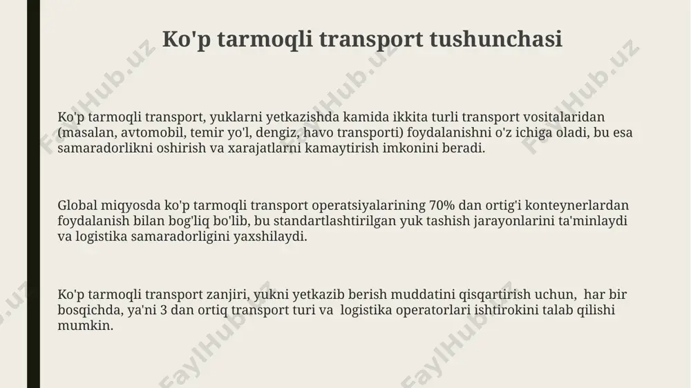 b berish muddatlari va tezligi muhim omil hisoblanadi; ekspress yetkazib berish uchun aviatransport, vaqtga chidamli yuklar uchun esa dengiz yoki avtotransport ko'proq mos keladi. har xil transport vositalarining narxi va mavjudligi, masalan, avtotransportning yuqori mavjudligi, lekin yuqori narxi, logistika strategiyasini tanlashda muhim rol o'ynaydi. yukning hajmi va og'irligiga, masalan, 10 tonnadan ortiq yuklar uchun temir yo'l transporti yoki 20 futli konteynerlar uchun dengiz transporti afzalroq, logistika xarajatlarini optimallashtirishga yordam beradi. xalqaro ko'p tarmoqli transport xalqaro ko'p tarmoqli transportda yuklarni yetkazish muddati 30% ga qisqaradi, bu esa 2-3 turdagi transport vositalarining (temir yo'l, avtomobil, dengiz) samarali kombinatsiyasi orqali amalga oshiriladi. "uy eshigacha yetkazib berish" xizmatini ta'minlash uchun ko'p tarmoqli transport 5 dan ortiq logistika operatorlarini birlashtirib, yuqori darajadagi texnologiyalarni (gps kuzatish) qo'llaydi. o'rtacha hisobda, ko'p tarmoqli transport an'anaviy usullar bilan taqqoslaganda 15% ga kamroq xarajatlarni talab qiladi, bu esa yuk tashishning optimal yo'llarini tanlash orqali amalga oshiriladi. kelajakdagi trendlar va texnologiyalar …