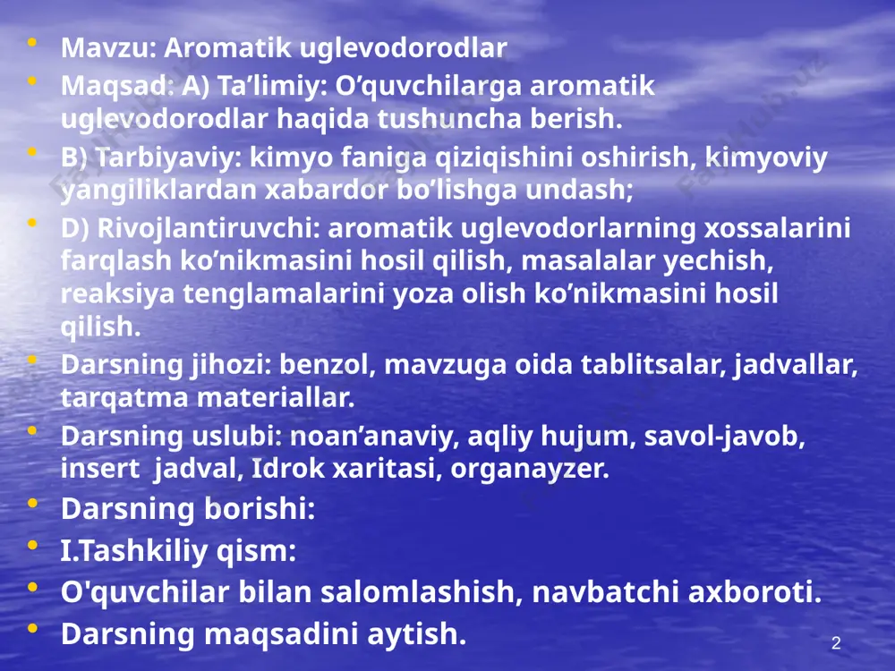 dlar o'ziga xos bo'igan qanday xususiyatlarga ega? • aromatik uglevodorodlar molekulasida benzol yadrosi tutgan karbotsiklik uglevodorodlardir. • aromatik uglevodorodlar halqali tuzilishiga ega. • aromatik uglevodorodlarning ayrim vakillari xushbo'y hidga ega. • aromatik uglevodorodlarning dastlabki a'zosi benzol – c6h6 8 9 aromatik uglevodorod benzol naftalin 10 benzol molekulasining tuzilishi 11 benzol molekulasi modeli 12 benzol molekulasining σ-bog’ orqali bog’lanishi 13 benzol molekulasida π-bog’ hosil bo’lishi 14 15 nomenklaturasi 16 17 18 19 20 21 nitrolash 22 sulfolash 23 24 25 iv. mustahkamlash. insert jadvali 26 v bu fikr menga tanish bu fikrga qarshiman/ e’tirozim bor + bu men uchun yangilik ? tushunmadim, savollarim bor ! qo’shimcha ma’lumot kerak v bu fikr menga tanish bu fikrga qarshiman/ e’tirozim bor + bu men uchun yangilik ? tushunmadim, savollarim bor ! qo’shimcha ma’lumot kerak bo’yoqlar dori-darmonlar qishloq xo’jaligida ishlatilishi formulasi kimyoviy xossalari fizikaviy xossalari oksidlanish reaksiyalari aromatik uglevodorodlarning alohida vakillari. insert jadvali 26 aromatik …
