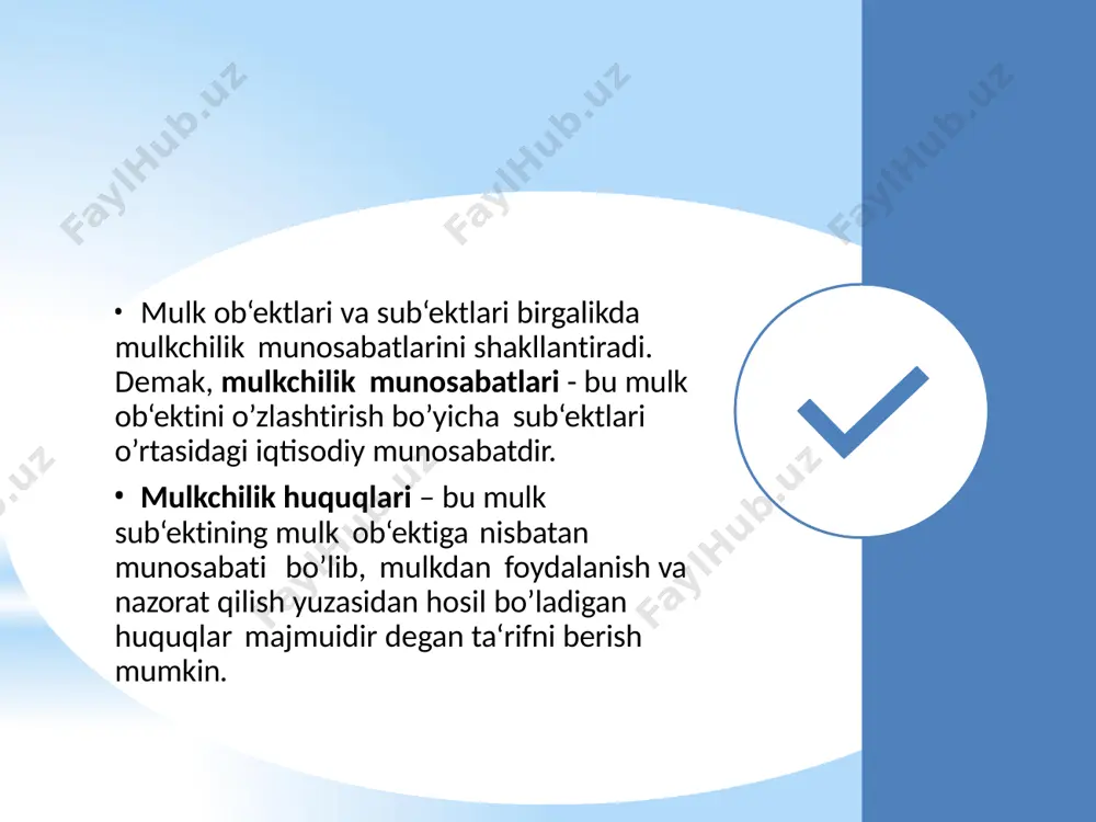 atdan xususiy shaxslarga o’tishini bildiradi. mulkni davlat tasarrufidan chiqarish – bu xususiylashtirishdan tashqari, bu mulk hisobidan boshqa nodavlat mulk shakllarining vujudga keltirishning ham ko’zda to’shadi. u bir qator yo’llar bilan amalga oshiriladi: davlat korxonalarini hissadorlik jamiyatiga aylantirish; davlat korxonasini sotib, uni jamoa mulkiga aylantirish; mulkni qiymatga qarab chiqarilgan cheklar (vaucher) bo’yicha fuqarolarga bepul berish; mulkni ayrim tadbirkor va ish boshqaruvchilarga sotish; ayrim davlat korxonalarini chet el firma va fuqarolariga sotish yoki qarz hisobiga berish; davlat mol-mulkini auktsionlarda kimoshdi savdosi orqali sotish va hakozo. xususiylashtirishning usullari ham turli-tuman bo’lib, ularni 3-guruhga ajratish mumkin: davlat mulkini bepul bo’lib berish orqali xususiylashtirish; davlat mulkini sotish orqali xususiylashtirish; davlat mulkini bepul bo’lib berish hamda sotishni uyg’unlashtirish orqali xususiylashtirish. respublikada xususiylashtirishning adresli yo’naltirilganligi uning navbatdagi xususiyatidir. bu esa aholini mazkur jarayonda qatnashish uy-oylarning o’z egalariga imtiyozli yoki bepul imkonini beradi, berilishida, aholining ko’proq muhtoj va zaif qatlamlarini qo’llab- quvvatlashning turli xil dasturlari byudjet mablag’lari hisobiga …
