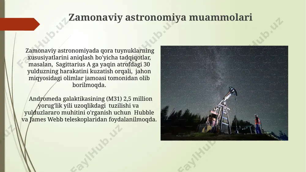 mashina o'rganish algoritmlarini qo'llash orqali samarqanddagi observatoriya kabi joylarda yangi kashfiyotlarni tezlashtiradi. kosmosga sayohatlarning ommalashuvi va marsga inson missiyalarining boshlanishi bilan, 2040 yilga kelib, astronomiya bo'yicha xalqaro hamkorlikda 2500 dan ortiq yangi o'quv dasturlari ishlab chiqiladi va joriy etiladi. yulduzlar va yulduzlararo muhit yulduzlarning harorati, ularning spektri va yorqinligiga qarab, o, b, a, f, g, k, m spektral sinflarga bo'linadi, quyosh g2 sinfiga kiradi va taxminan 5778 k haroratga ega. andromeda galaktikasi (m31), bizning so't yo'li galaktikamizga 2,5 million yorug'lik yili masofada joylashgan va o'z ichiga milliardlab yulduzlar va ulkan gaz-chang bulutlarini oladi. astronomiya tarixi va rivojlanishi ptolomeyning "almagest" asari (milodiy 150 yil), geotsentrik modelni tasvirlab berib, 1400 yildan ortiq astronomik kuzatishlar uchun asosiy manba bo'lib xizmat qildi. miloddan avvalgi 2-ming yillikda mesopotamiyada yulduzlar katalogini yaratilishi astronomiya rivojlanishiga katta hissa qo'shdi, 1000 dan ortiq yulduzni o'z ichiga oldi. sayyoralar va ularning yo'ldoshlari юпитернинг 95 таdan ortiq tasdiqlangan yo'ldoshi mavjud bo'lib, …