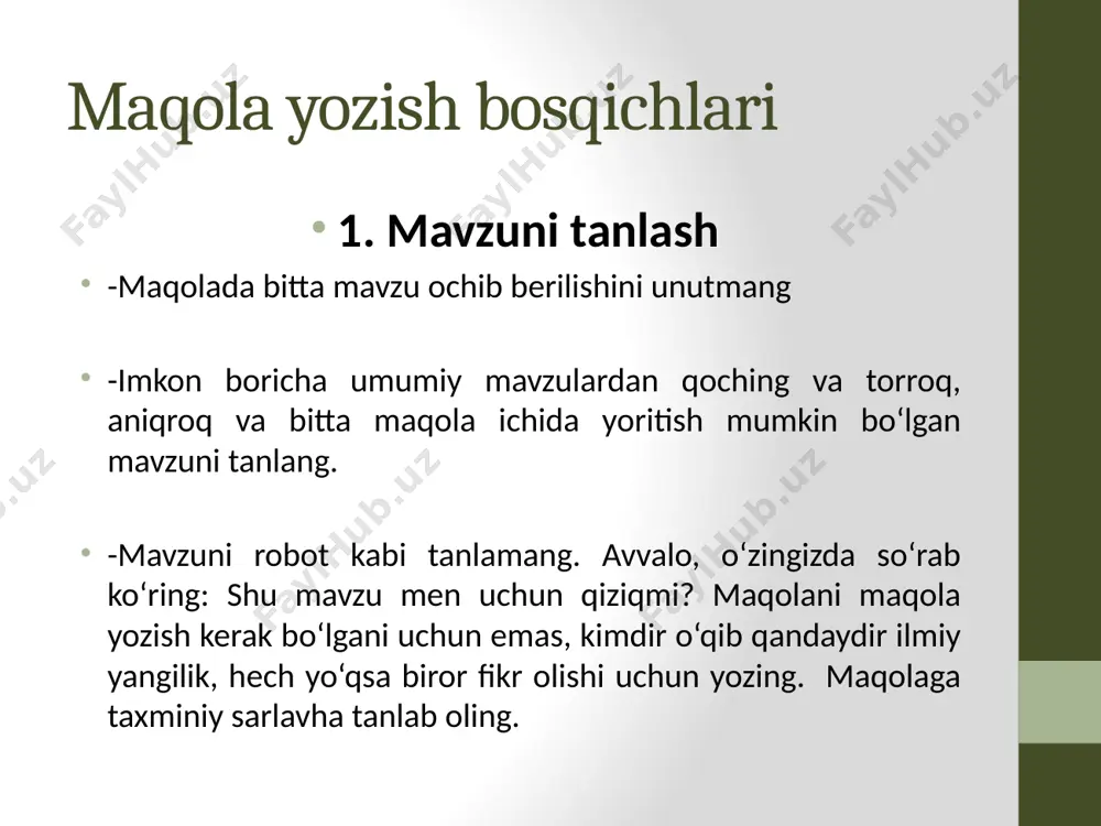 aqola tayyorlashda ulardan amanba sifatida foydalanmang. 2. mumtoz asarlar tahliliga oid maqola yozayotgan bo‘lsangiz, birlamchi manbalardan foydalaning, nasriy bayonlardan emas! 3. maqola yozayotganda siz ko‘rib chiqqan barcha manbadan foydalanmasliginigiz mumkin. ammo boshqa olim yoki tadqiqotchining fikridan foydalanayotganda, albatta, manbasini keltirib o‘ting. buning uchun o‘zingiz foydalanayotgan manba muallifi, nashr etilgan joyi yoki yili siz olgan fikr nechanchi sahifada aks ettirilgani kabi muhim ma’lumotlarni yozib qo‘ying. 4. fikrlaringizni tartibga soling. imkon boricha maqolani yozmasdan oldin reja tuzib oling. aks holda yozish jarayonida nimani nimadan keyin yozsam ekan chalkashib ketasiz va yozganlaringiz ma’lumotlar bo‘tqasi bo‘lib qoladi. 4 3. qoralama bosqichi 1. maqolani aniq bir konferensiya yoki jurnal uchun tayyorlayotgan bo‘lsangiz axborot xati yoki jurnalda maqolaga qo‘yilgan talablarni bilan tanishib chiqing (hajmi, format qanday bo‘lishi kerakligi havolalar tartibi) 2. maqolaning hajmi odatda 4000-6000 so‘zdan iborat bo‘ladi. (maqoladagi so‘zlar soni kamida 2000 ta bo‘lishi, ko‘pi bilan 10000 so‘zdan ortmasligi kerak) 3.maqola kirish, asosiy qism, xulosa …