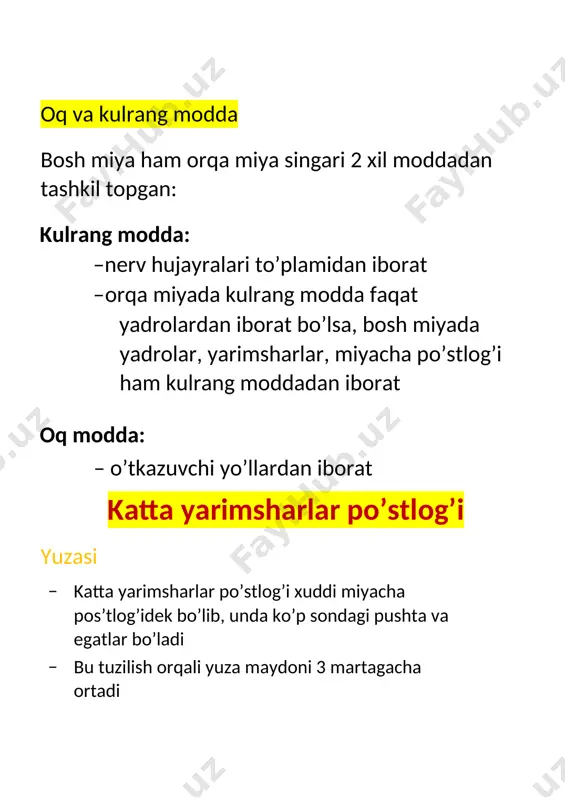 (ba’zan miyachaga) yo’naladi · katta, o’rtacha va kichik sksonlar yana aloqa qiladi: ̶o’rta yarimsharlarning boshqa qismlari bilan (assotsiativ neyron) ̶boshqa yarimsharlar bilan (kommisural neyronlar) c) purkinye hujayralari bilan solishtirilishi · piramidal hujayralar o’zining bir qancha funksialariga ko’ra miyachaning purkinye hujayralariga analog · xususan: ̶ po’stloqqa ketayotgan afferent yo’llarning ko’pchiligi ularda tugaydi ̶ po’stloqdan ketadigan efferent yo’llarni hosil qiladigan yagona hujayralar · farqli jihatlari: ̶ piramidal neyronlar bir qatorda joylashmaydi, diffuz joylashadi ̶ aksonlari asosan prqa miyaga yoki po’stloqning boshqa qismlariga yo’naladi (po’stloq osti yadrolariga emas) ̶ aksonlari (kollaterallar mustasno) qo’zg’atuvchi sinaps hosil qiladi, tormozlovchi emas yulduzsimon (yoki tikanakli) neyronlar a) donador hujayralar bilan solishtirish • bu neyronlar miyachaning donador hujayralariga analog: ̶ ular ham afferent signal qabul qiladi ̶ signallarga javoban efferent hujayralarni qo’zg’atib javob beradi b) po’stloqning 2 xil zonasi ̶ granulyar - po’stloqning asosan sezgi markazlarida yulduzsimon hujayralar yaxshi ko’rinadigan qism ̶ agranulyar – po’stloqning motor markazlaridagi yulduzsimon …
