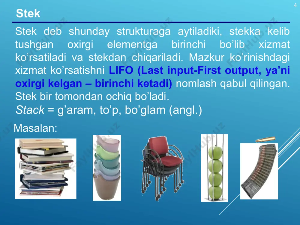 * * navbatni amalga oshirish (ro’yxatlar) struct node { int data; node *next; }; typedef node *pnode; struct queue { pnode head, tail; }; tugun strukturasi: «navbat» ma’lumotlar tiplari: * * void pushtail ( queue &q, int x ) { pnode newnode; newnode = new node; newnode->data = x; newnode->next = null; if ( q.tail ) q.tail->next = newnode; q.tail = newnode; if ( q.head == null ) q.head = q.tail; } element qo’shish: sozdaem noviy uzel esli v spiske uje chto-to bilo, dobavlyaem v konets esli v spiske nichego ne bilo, … navbatni amalga oshirish (ro’yxatlar) * * int pop ( queue &q ) { pnode top = q.head; int x; if ( top == null ) return 32767; x = top->data; q.head = top->next; if ( q.head == null ) q.tail = null; delete top; return x; } element tanlash: agar ro’yxat bo’sh, … 1-element qo’shildi agar ro’yxatda …