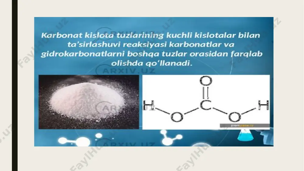 iradi. bu yondashuv laboratoriya ishlarida zarur hisoblanadi. gazlarning ajralish belgilarining solishtirilishi karbonat ionidan co₂ ajraladi va ohakli suv bilan aniqlanadi. sulfit ionidan so₂ ajraladi va permanganat bilan sinovdan o‘tadi. sulfid ionidan h₂s chiqadi va detektor qog‘oz bilan aniqlanadi. har uchala gaz ham o‘ziga xos hid va reaksiyaga ega. co₂ gazining hidi yo‘q, lekin ohakli suvni bulutlaydi. so₂ o‘tkir va g‘alati hidli gaz bo‘lib, ko‘zni achishtiradi. h₂s esa juda o‘tkir hidga ega bo‘lib, zaharli hisoblanadi. bu gazlar laboratoriyada ehtiyotkorlik bilan ishlatiladi. karbonatlarning qo‘llanilishi karbonat tuzlari sanoatda, tibbiyotda va laboratoriyalarda keng qo‘llaniladi. natriy karbonat kir yuvish vositalarida ishlatiladi. kaltsiy karbonat qurilish materiallarida va tish pastalarida mavjud. karbonatlar laboratoriyalarda tampon eritmalarda ham ishtirok etadi. ular suvni yumshatishda muhim rol o‘ynaydi. kislotalikni neytrallashda ham karbonatlar ishonchli vositadir. ayrim karbonatlar oziq-ovqat sanoatida qo‘shimcha sifatida ishlatiladi. karbonatlar ph muvozanatini ta’minlashda keng qo‘llaniladi. sulfitlarning amaliy qo‘llanilishi sulfitlar oziq-ovqat sanoatida konservant sifatida ishlatiladi. ular bakteriyalar va zamburug‘larning o‘sishini …