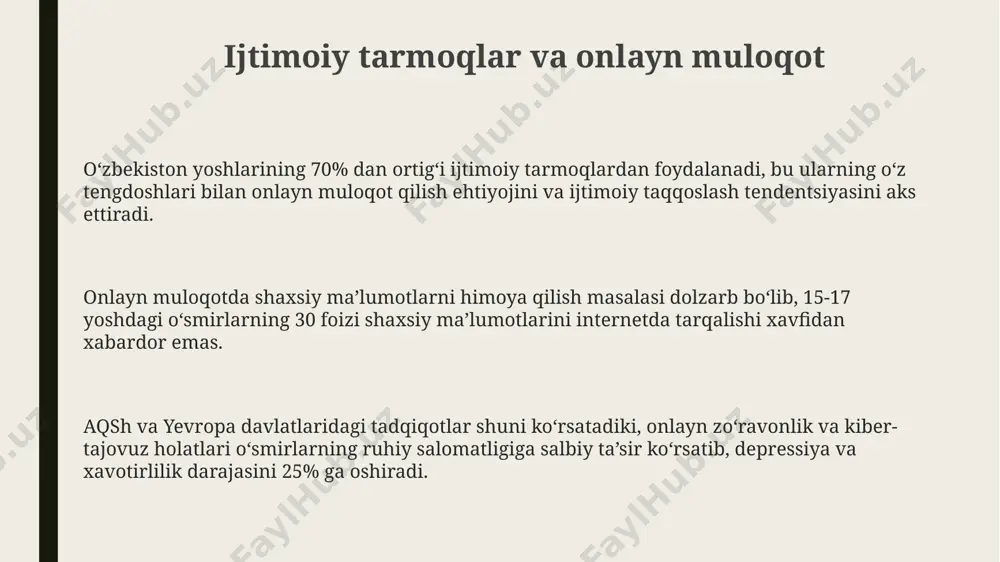 d qilish fikrlari koʻpayishi, psixologik salomatlik muammolari bilan bogʻliq boʻlib, aqsh statistikasi shuni koʻrsatadi. internetdagi zoʻravonlik va shafqatsiz mazmunli kontentga taʼsirlanuvchanligi yuqori boʻlgan oʻsmirlarning 70% ga yaqini 2022-yil maʼlumotlariga koʻra, xavfli xatti-harakatlarga moyil boʻlishgan. salomatlik va jismoniy rivojlanish o'smirlik davrida, ya'ni 12-18 yosh oralig'ida, yoshlarning 70% dan ko'prog'i mushak massasining sezilarli o'sishiga duch keladi, bu esa jismoniy faollik va to'g'ri ovqatlanish bilan bog'liq. o'smirlik davrida, taxminan 13-15 yosh orasida, qizlarda o'rtacha 2-3 sm ga, o'g'il bolalarda esa 4-6 sm ga o'sish kuzatiladi, bu esa suyaklarning tez o'sishi va gormonlar ta'siri bilan bog'liq. 16-18 yosh oralig'ida jismoniy rivojlanishning eng yuqori cho'qqisi kuzatiladi, bu davrda yoshlarning 90% dan ortig'i o'zining maksimal bo'yiga yetadi. toskentdagi tadqiqotlar bunga dalolat beradi. o'smirlik davrining psixologik xususiyatlari o'smirlarning 70% ga yaqini hissiy jihatdan beqaror bo'lib, kayfiyat tebranishlari, impulsiv xatti-harakatlar va o'ziga nisbatan haddan tashqari tanqidiy munosabat namoyon qiladi, bu esa o'z joniga qasd qilish xavfini oshiradi, samarqand …