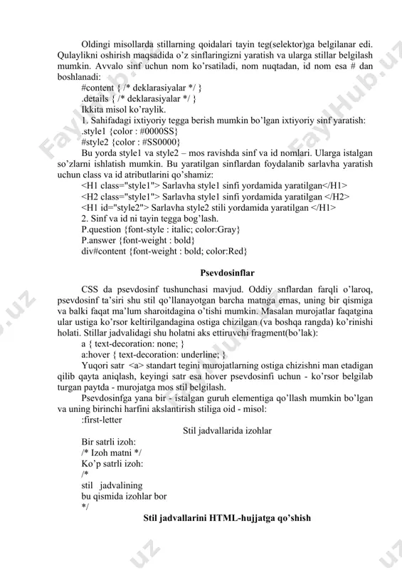 qilib oladi. sahifa iyerarxik (ya’ni ona-bola shaklidagi bosqichma-bosqich) tuzilmaga ega bo’ladi. eng yuqori bosqichda tegi, keyingisida tegi, undan keyin va hokazo teglar. lekin amalda me’ros olish brauzerlar tomonidan hamma vaqt ham to’g’ri talqin etilmasligini ta’kidlab o’tish joiz. kontekstli (mavjud holat mohiyatiga qarab ishlaydigan) selektorlar kontekstli selektor – boshqa selektor ichiga joylashgan selektor(teg) uchun stil belgilovchi tegdir. ushbu: ona element hususiyatini me’ros olish ga misol misol tegi uchun - u ning ichida joylashgan - stil belgilaydi : h1 i {color:green} misoldan ko’rinib turibdi-ki kontekst selektor probel(bo’sh joy) dan keyin yoziladi va tegi ichiga joylashgan barcha teglar yashil rang oladi. bundan tashqari birnecha selektorlarni birlashtirish mumkin: h1 i, p b {color:green} sinflar va selektor sifatida ishlatilgan id oldingi misollarda stillarning qoidalari tayin teg(selektor)ga belgilanar edi. qulaylikni oshirish maqsadida o’z sinflaringizni yaratish va ularga stillar belgilash mumkin. avvalo sinf uchun nom ko’rsatiladi, nom nuqtadan, id nom esa # dan boshlanadi: #content { /* …