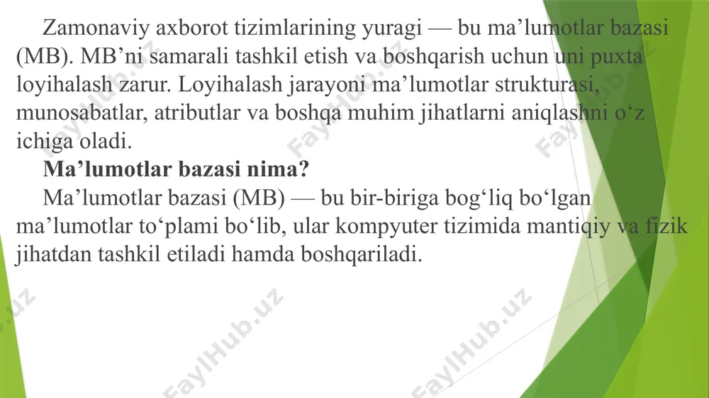 hqa jadvaldagi birlamchi kalitga havola. normalizatsiya. ma’lumotlar bazasidagi ortiqcha ma’lumotlarni yo‘q qilish va strukturani optimallashtirish uchun amalga oshiriladi. bosqichlari: — 1-normal forma (1nf) — atributlar bo‘linmas bo‘lishi kerak. — 2-normal forma (2nf) — har bir atribut to‘liq birlamchi kalitga bog‘liq bo‘lishi kerak. — 3-normal forma (3nf) — tranzitiv bog‘liqlik bo‘lmasligi kerak. fizik model. bu bosqichda saqlash vositalari, indekslar, klasterlash, yuklama balansi kabi texnik elementlar hisobga olinadi. loyihalashdagi xatoliklar. — ortiqcha atributlar qo‘shish — kalitlarni noto‘g‘ri tanlash — er-modelni etarlicha aniq tuzmaslik amaliy misol universitet ma’lumotlar bazasini loyihalashda quyidagilar aniqlanadi: — talaba, guruh, fan, o‘qituvchi obyektlari — ular orasidagi aloqalar — mantiqiy jadvallar sql va implementatsiya sql yordamida er-model asosida bazani yaratish: create table talaba ( id int primary key, ism varchar(50), familiya varchar(50) ); ma’lumotlar bazasini to‘g‘ri loyihalash samarali ishlash, tezkor qidiruv va ma’lumotlarni xavfsiz boshqarishning kafolatidir. har bir bosqich puxta o‘ylangan bo‘lishi kerak. /docprops/thumbnail.jpeg