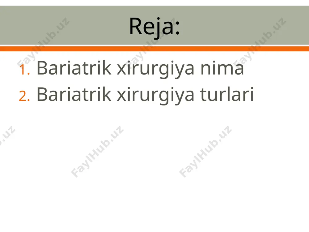 hishidan oldin ozuqa moddalarning samarali so`rilishini oldini olish mal-absorbtiv (so`rilishni kamaytirish) turlari: biliopancreatic diversion(biliopankreatik burilish) duodenal switch(o'n ikki barmoqli ichakni almashtirish) biliopancreatic diversion og'iz orqali qabul qilishni kamaytirish uchun chegaralangan gorizontal subtotal gastroektomiya oshqozon boshlig`i kattaroq bo`ladi ingichka ichakning bir qismi va qisqa umumiy ovqat hazm qilish kanali(yo`g`on ichak) ga uzun roux-en-y anastomoziqo`yiliadi anastomoz yallig`lanishi va ozuqaviy etishmovchilik xavfi biliopancreatic diversion duodenal switch bunda gorizontal gastrektomiya mes aksincha yengli gastrektomiya yengli gastrektomiyadan keyin bosqichli protsedura sifatida foydalanish mumkin duodenal switch aralash oshqozon restriktiv bariatriyasi va ichakni aylanib o'tishni birlashtirgan gibrid protsedura ozuqa moddalarining so'rilishiga to'sqinlik qiladigan aylanma yo'l bilan kichik oshqozon sumkasini yaratish anastomoz yallig`lanish xavfi, ozuqaviy etishmovchilik, damping sindromi aralash e`tiboringiz uchun rahmat image2.jpeg image3.jpeg image4.png image5.jpeg image6.png image7.jpeg image8.jpeg image9.jpeg image10.jpeg image11.jpeg /docprops/thumbnail.jpeg