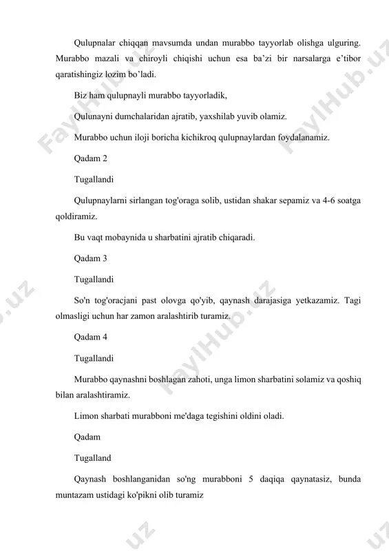 iklari, shish, o't pufagi kasalliklari va faqat immunitetni oshirish uchun undan qulupnay va murabbo iste'mol qilish foydalidir. qanday qilib mazali va qalin qulupnay murabbo tayyorlashni fotosurat bilan bosqichma-bosqich retseptdan bilib oling. mazali va qalin qulupnay murabbo uchun retsept tayyorlash uchun 15 daqiqa tayyorlash uchun 40 daqiqa 100 g uchun 280 kkal qish uchun qulupnay murabbosini qanday tayyorlash mumkin - uyda mazali va qalin qulupnay murabbosi uchun retsept. tayyor mahsulotning chiqishi: taxminan bir yarim litr murabbo. qish uchun ko'proq murabbo tayyorlash uchun ingredientlar miqdorini mos ravishda oshiring, lekin bir vaqtning o'zida 2 kg dan ko'p bo'lmagan qulupnay miqdorida kichik qismlarda pishiring. ingredientlar muzlatilgan yoki yangi qulupnay - 2 kg; shakar - 1,6 kg; ikki limon sharbati (taxminan 5-6 osh qoshiq); 1 limonning qobig'i. avvalo, bankalar va qopqoqlarni tayyorlang. biz ularni issiq sabunlu suv bilan yuvamiz, bir necha marta yuvamiz. biz idishlarni sovuq pechga qo'yamiz, uni 150 ° c ga qizdiramiz va …