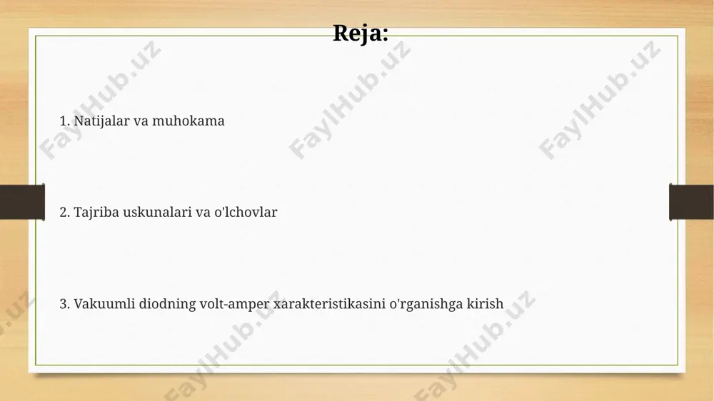 hardson-dushman tenglamasi elektron emissiyasi zichligini, a/m² birliklarida, temperatura (k)ning 2 darajali funksiyasi sifatida, 120 a/m²k² ga yaqin bo'lgan konstantani va materialga xos ish funksiyasini hisobga olgan holda aniqlaydi. richardson-dushman tenglamasidagi ish funksiyasi (φ) materialning elektronlarini metalldan chiqarish uchun zarur bo'lgan minimal energiyani ifodalaydi, elektron volt (ev) da o'lchanadi va odatda 4-5 ev oralig'ida bo'ladi. ushbu tenglama vakuum diodlarining xususiyatlarini modellashtirishda, masalan, anod toki va anod kuchlanishi o'rtasidagi bog'liqlikni aniqlashda qo'llaniladi, bu esa 10⁻⁶ tor bo'shliqda yuqori aniqlikni ta'minlaydi. o'lchash jarayoni va ma'lumotlarni yig'ish olingan ma'lumotlarni excel yoki matlab kabi dasturlar yordamida grafik ko'rinishda (i-v xarakteristikasi) ifodalash orqali tahlil qilish qulayroq bo'ladi. o'lchov jarayonida 10-100 v oralig'ida kuchlanishni 1 v qadam bilan o'zgartirib, mos keladigan tok kuchini 1 ma aniqlikda o'lchash kerak. ma'lumotlarni yig'ishda, har bir kuchlanish qiymati uchun kamida 3 marta o'lchov o'tkazib, o'rtacha qiymatini hisoblash tavsiya etiladi, bu eksperimental xatolarni kamaytiradi. tajriba uskunalari va o'lchash asboblari o'lchash jarayonida aniq …