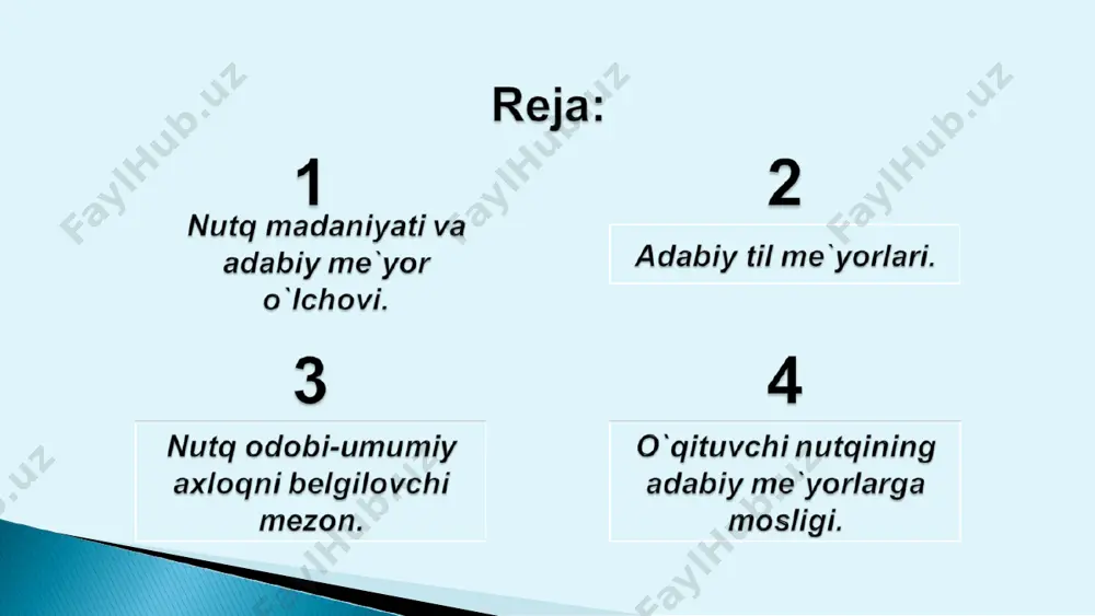 dabiy me`yorlarni u mukammal o`rganmog’i hayotiy zaruratdir. agar o`qituvchi nutqi adabiy til me`yorlariga to’la mos kelsa bu o`quvchilarning yutug’idir. chunki bola ustozidan ta`lim oladi, hattoki unga taqlid ham qiladi. to`g’ri, boshqa soha vakillaridan ham adabiy til me`yorlariga rioya qilgan holda so`zlash talab etiladi. ammo o`qituvchi kelajak avlod tarbiyachisi sifatida bola dunyoqarashini shakllantiradi. shuning uchun ham o`qituvchi har qanday vaziyatda va har qanday sharoitda o`z nutqiga e`tiborli bo`lmog’i talab etiladi. adabiyotlar: 1. qilichev e., qilichev b. nutq madaniyati va uslubiyat asoslari. buxoro, 2002. 2. qo`ng`irov r, begmatov e. tojiyev yo. nutq madaniyati va uslubiyat asoslari. t., 1992. 3. qudratov t. nutq madaniyati asoslari. t., 1993. 4. begmatov e., boboyev a., asomiddinova m. adabiy norma va nutq madaniyati. t., 1983. 5. tojiyev yo, hasanova n, tojimatov h, yo`ldosheva o. o`zbek nutqi madaniyati va uslubiyat asoslari. t., 1994. 6. www.ziyonet.uz