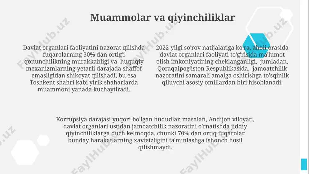 tutlari, masalan, oʻzbekistondagi 20 dan ortiq nodavlat tashkilotlar, davlat organlarining faoliyatini kuzatib, 50 dan ziyod korrupsiya holatlarini aniqlash va jamoatchilik nazoratini ta’minlashda muhim rol oʻynaydi. toshkent shahridagi “yoshlar parlamenti” kabi yoshlar tashkilotlari, 3000 dan ortiq yoshlarni jalb qilib, davlat siyosatining shakllanishiga ishtirok etish orqali, davlat organlari ustidan jamoatchilik nazoratini kuchaytirishda samarali hissa qoʻshmoqda. 2022-yilda respublikaning 10 ta viloyatida fuqarolik jamiyati institutlari tomonidan oʻtkazilgan 150 dan ortiq tadqiqotlar davlat xizmatlarining shaffofligi va samaradorligini baholashda muhim ma’lumotlar berdi. axborotning ochiqligi va erkinligi axborotning ochiqligi va erkinligi o'zbekistonda 2017 yildan beri 20 dan ortiq qonun hujjatlari bilan tartibga solinib, fuqarolarning axborotga bo'lgan huquqlarini himoya qilishga qaratilgan. o'zbekiston respublikasi prezidentining 2023 yildagi farmoni 300 dan ortiq davlat organlari saytlarida axborotni ochiqlashni kuchaytirishga qaratilgan bo'lib, toshkent shahrida bu borada maxsus treninglar o'tkazildi. respublikaning 12 ta viloyatida jamoatchilik kengashlari faoliyat yuritmoqda, ular davlat organlari faoliyatini kuzatib, 500 dan ortiq axborot talablariga javob berishda yordam berishadi. ochiqlik …