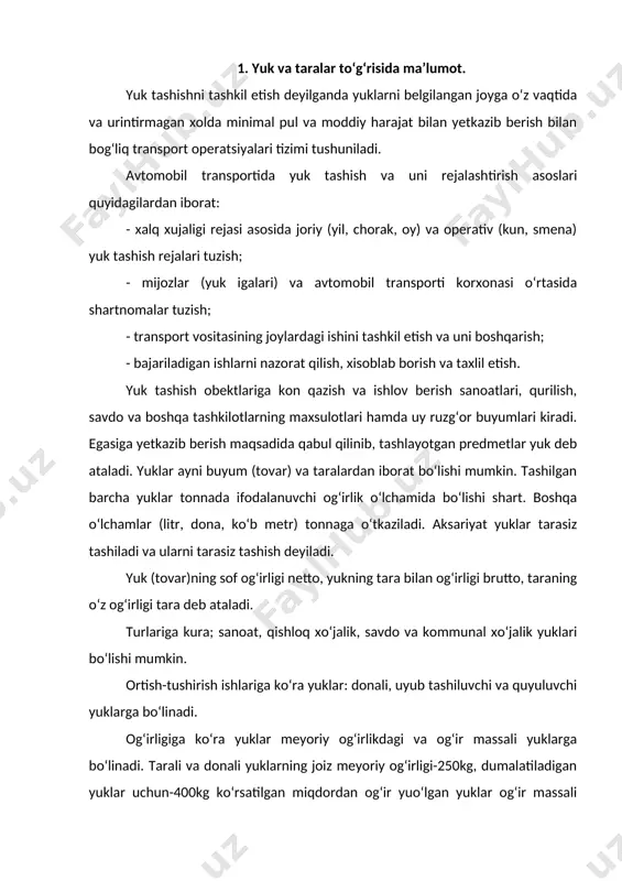 i yuklarning joiz meyoriy og‘irligi-250kg, dumalatiladigan yuklar uchun-400kg ko‘rsatilgan miqdordan og‘ir yuo‘lgan yuklar og‘ir massali yuklar qatoriga kiritiladi. agar yuk og‘irligi 4-5 tonnadan ortiq bo‘lsa, uni tashish uchun maxsus transport vositasi talab qilinadi. o‘lchamlarga ko‘ra yuklar: gabaritdagi, ya’ni avtomobilning standart kuzovida tashilishi mumkin bo‘lgan yuklar va nogabarit yuklarga bo‘linadi. nogabarit yuklarga balandligi 2,5 m, eni 2,0 m va o‘zinligi 3,5 m (o‘zin o‘lchovli yuklardan tashqari)da ortiq o‘lchamli yuklar kiradi. o‘zin o‘lchamli yuklarga o‘zinligi kuzov o‘zinligiga qushimcha uning uchdan bir qismi va undan ham o‘zin yuklar kiradi. nogabarit yuklar faqatgina davlat avtomobil nazorati (dan) ruxsatiga binoan va qizil chiroq (belgi) o‘rnatilgan xolda tashilishi mumkin. tashishdagi xavfsizlik darajasiga ko‘ra yuklar mdx davlatlarida 7 guruxga bo‘linadi: 1-gurux – xavfliligi kam (qum, shag‘al, tuproq, g‘isht va h.k.); 2-gurux – tez alangalanuvchi yuklar (benzin, atseton, kinoplyonka va h.k.); 3-gurux – issiq va chang chiqaruvchi (sement, asfalt, oxak va h.k.); 4-gurux – kuydiruvchi (kislota va ishqorlar); …