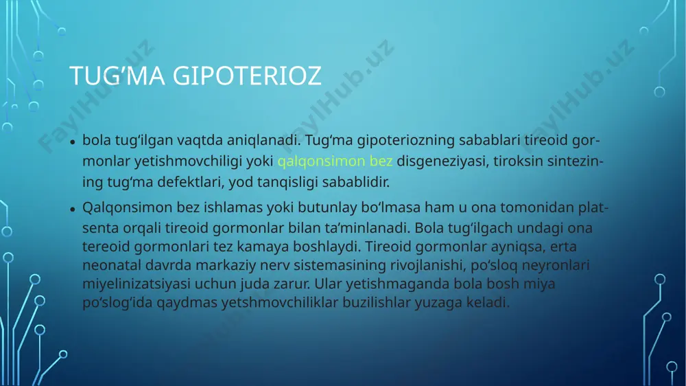 id gormonlarni konsentratsiyasini barqaror saqlab turish. bu maqsadda sintetik tiroksinlar levotiroksin bilan davo qilinadi. uning boshlang‘ich dozasi 10-15 mkg/kg/sutka. keyinchalik doimiy kuzatuvda o‘zgarishlarga qarab doza tanlanadi. bolalarda gipoterioz kelib chiqish sabablari davolash: ko‘pchilik bemorlar tireoid preparatlarni butun umr ichishlari kerak. shuning uchun ularga dozasini aniq qo‘llash kerak. ba’zi bemorlarda gipoterioz progressirlantiruvchi xarakterda bo‘ladi. shuning uchun ularda dozasini doimo oshirib borish kerak. buning sababi asta-sekin qalqonsimon bez funksiyasining so‘nib borishi. ko‘p bemorlarda yangidan dorini qabul qilish boshlanadi ba’zan gipoterioz simptomlari davoga qaramasdan saqlanib qoladi. buning sabablari dozaning noto‘g‘ri tanlanishi, dorining me’da-ichak traktida so‘rilishining buzilishi, ichak kasalliklari, mediokomentlar-kalsiy karbonat, xoletiramin, sukralfat, alyuminiy gidroksid temir preparatlari qabul qilish. bunda tireoid gormon dozasini oshirish boshqa preparatlar bilan 4-soat oraliq bilan qabul qilish kerak. e’tiboringiz uchun rahmat image2.png image3.jpeg image4.jpeg image5.jpeg image6.jpeg image7.jpeg image8.jpeg image9.jpeg image10.jpeg image11.jpeg image12.jpeg image13.jpeg /docprops/thumbnail.jpeg